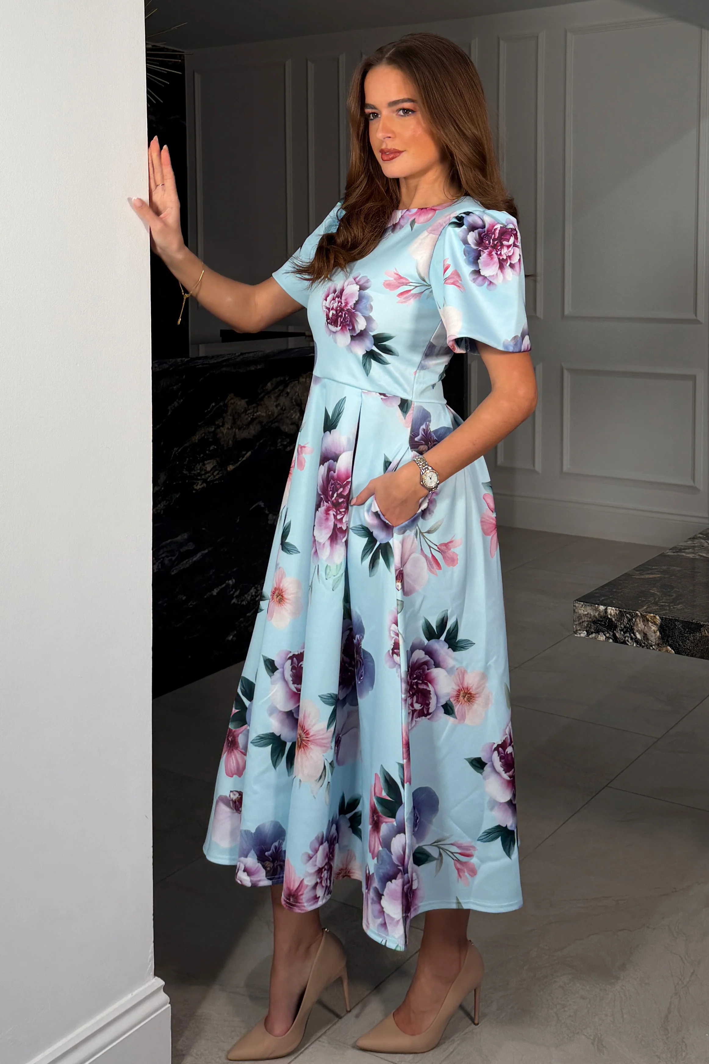 Elowin Statement Sleeve Skater Midi Dress Blue Floral - Image 5