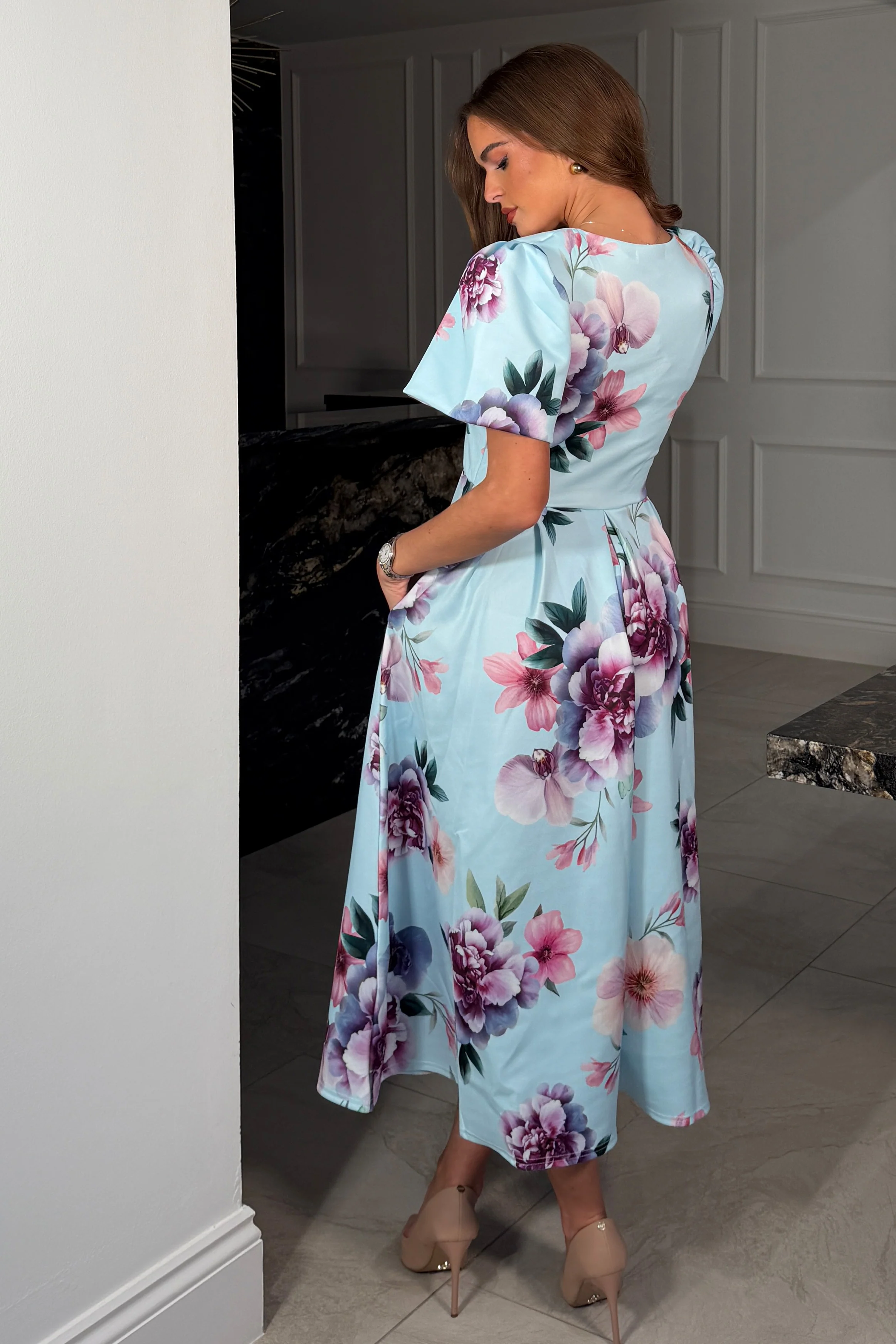 Elowin Statement Sleeve Skater Midi Dress Blue Floral - Image 6