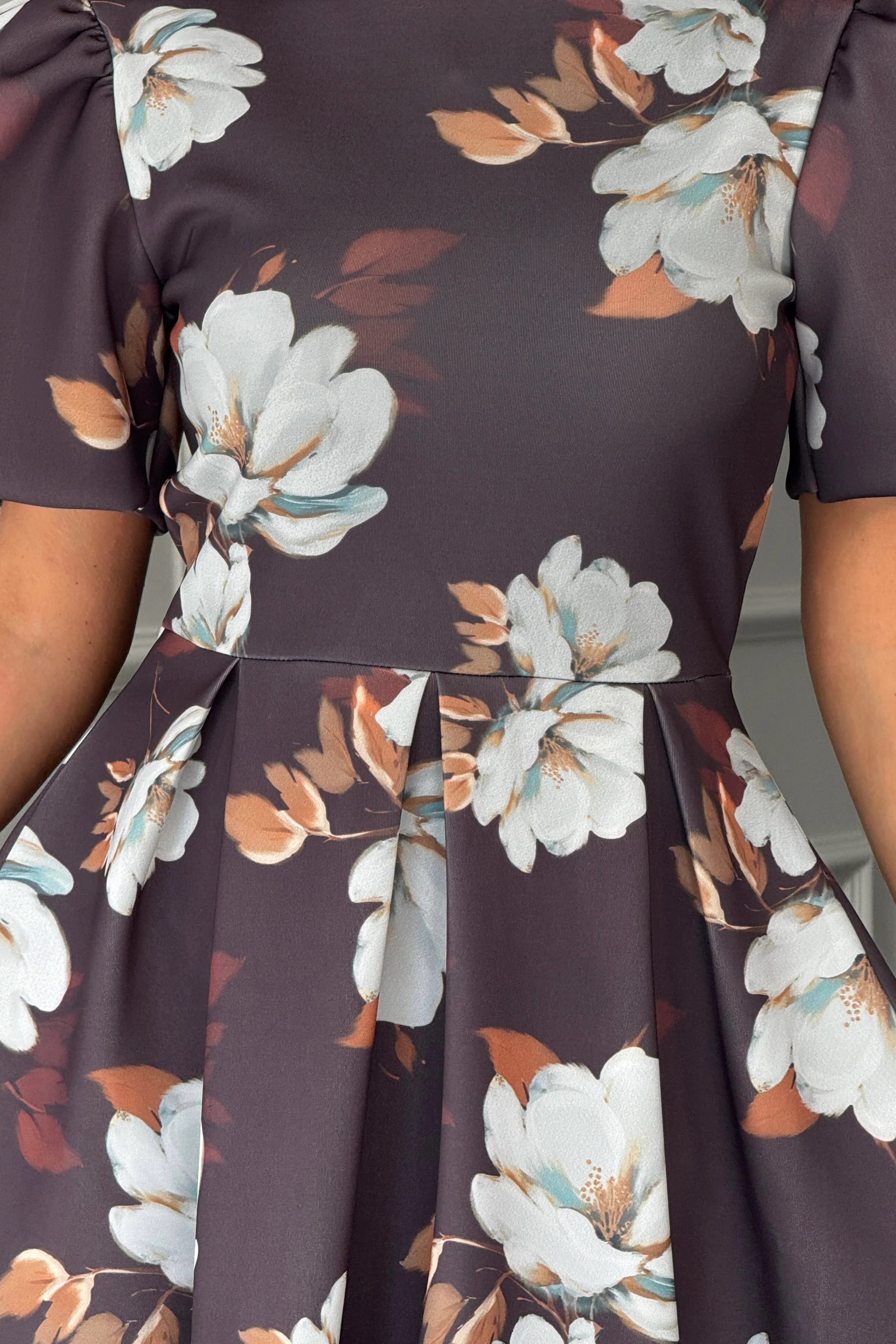Elowin Statement Sleeve Skater Midi Dress Brown Floral - Image 4