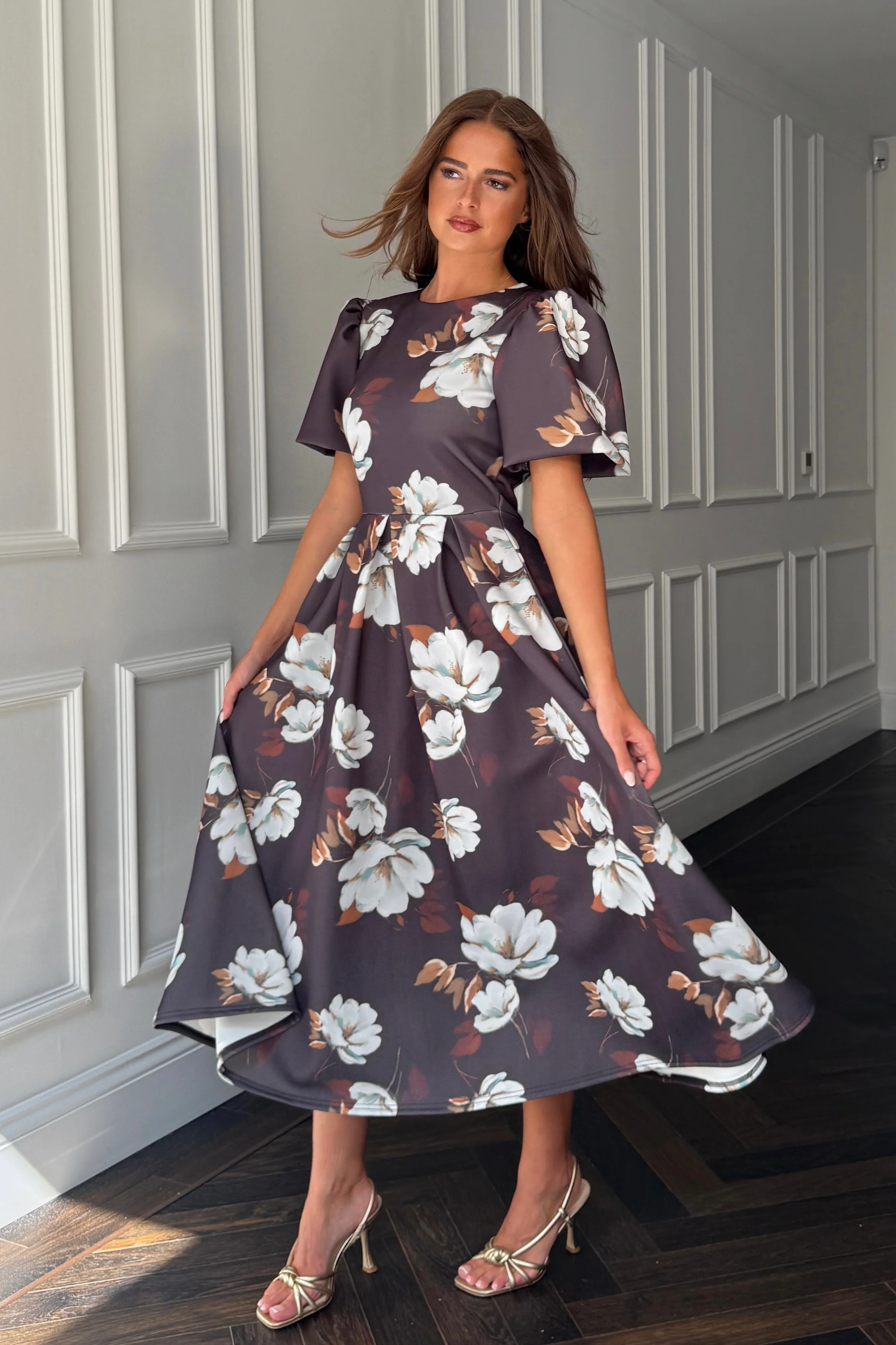 Elowin Statement Sleeve Skater Midi Dress Brown Floral - Image 5