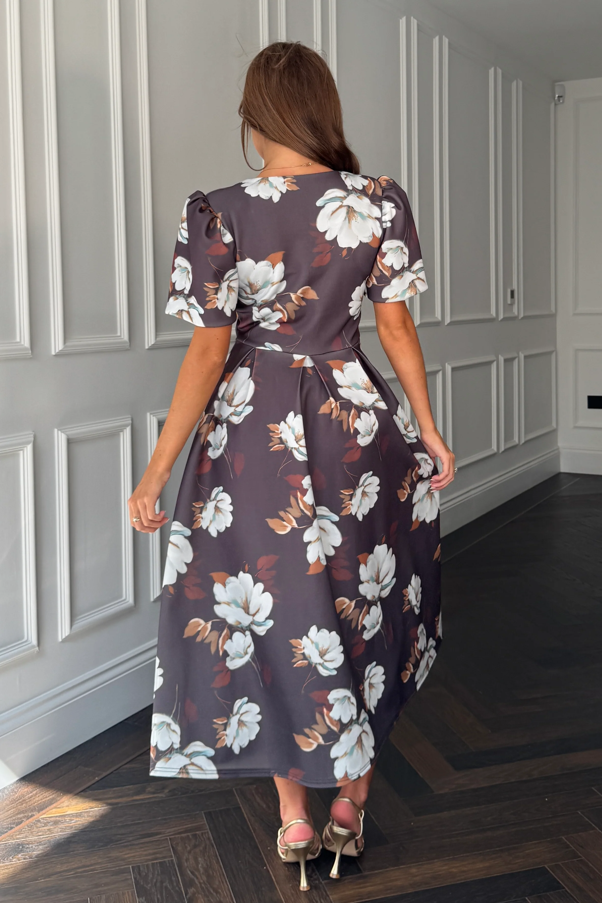 Elowin Statement Sleeve Skater Midi Dress Brown Floral - Image 6