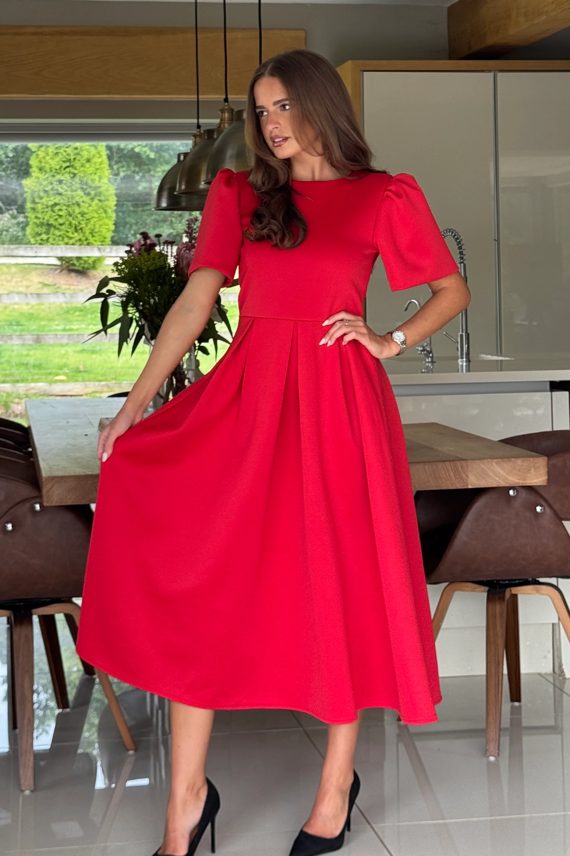 Elowin Statement Sleeve Skater Midi Dress Red - Image 3