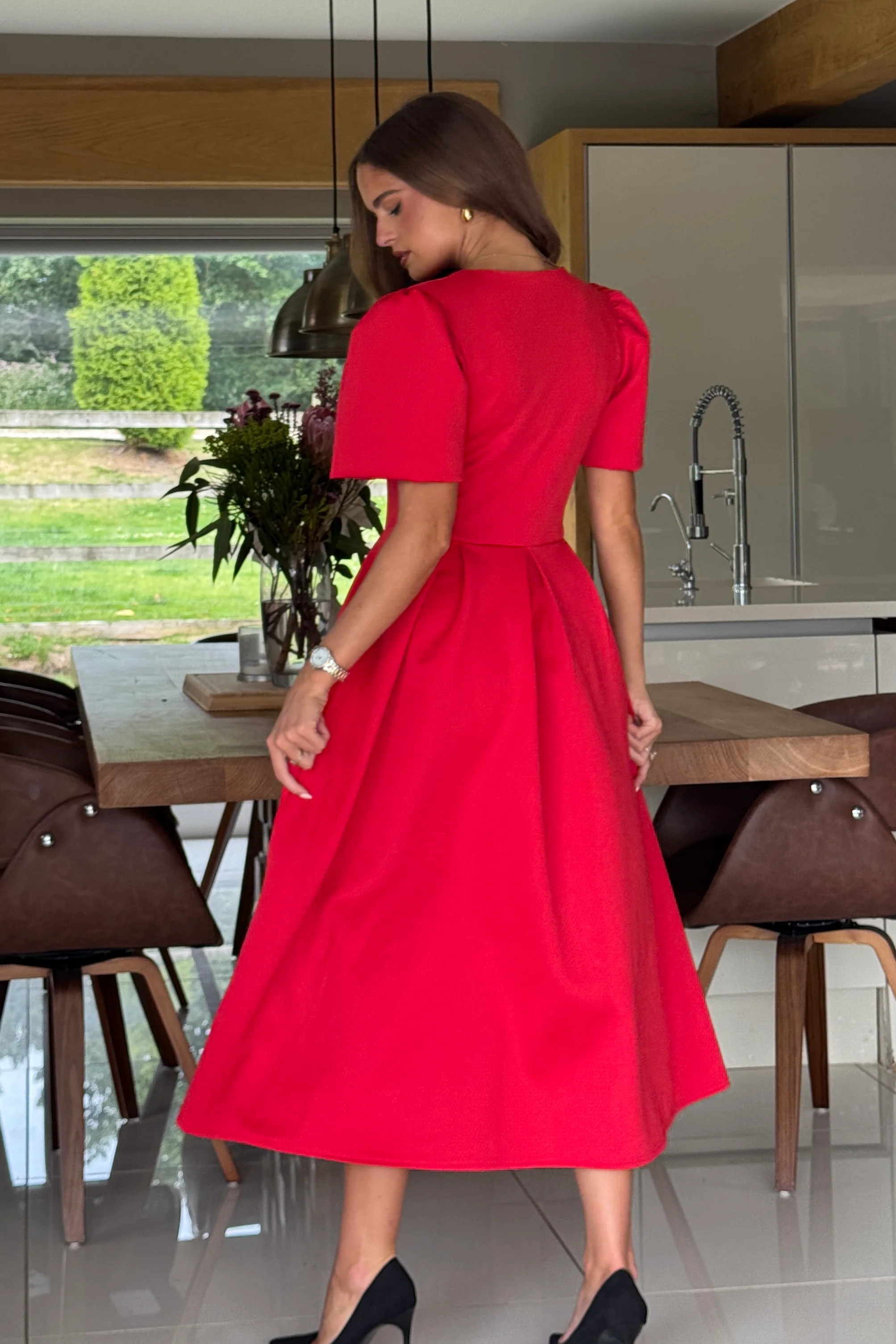Elowin Statement Sleeve Skater Midi Dress Red - Image 4