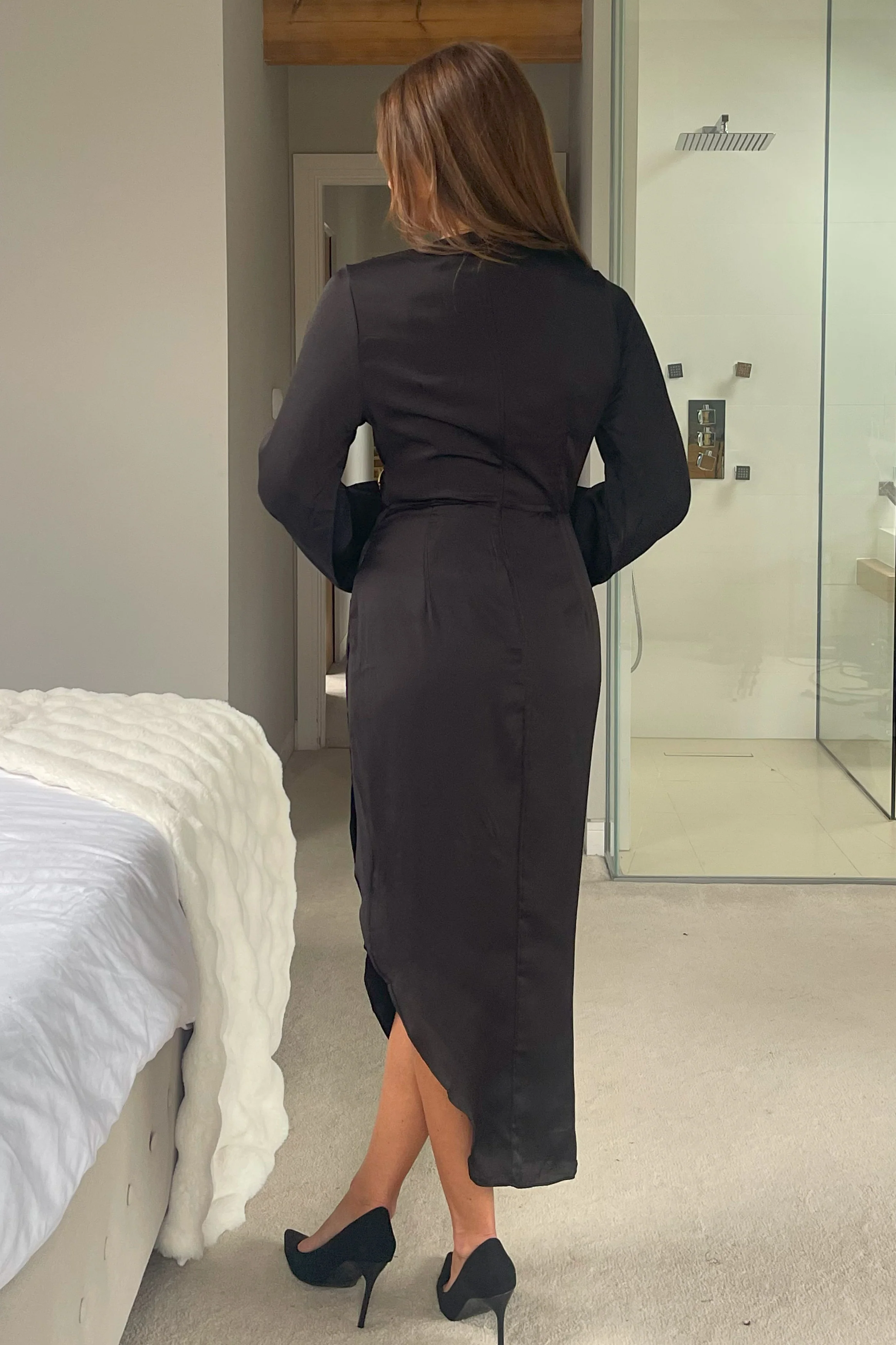Elsa Gold Buckle Long Sleeve Asymmetric Dress Black - Image 4