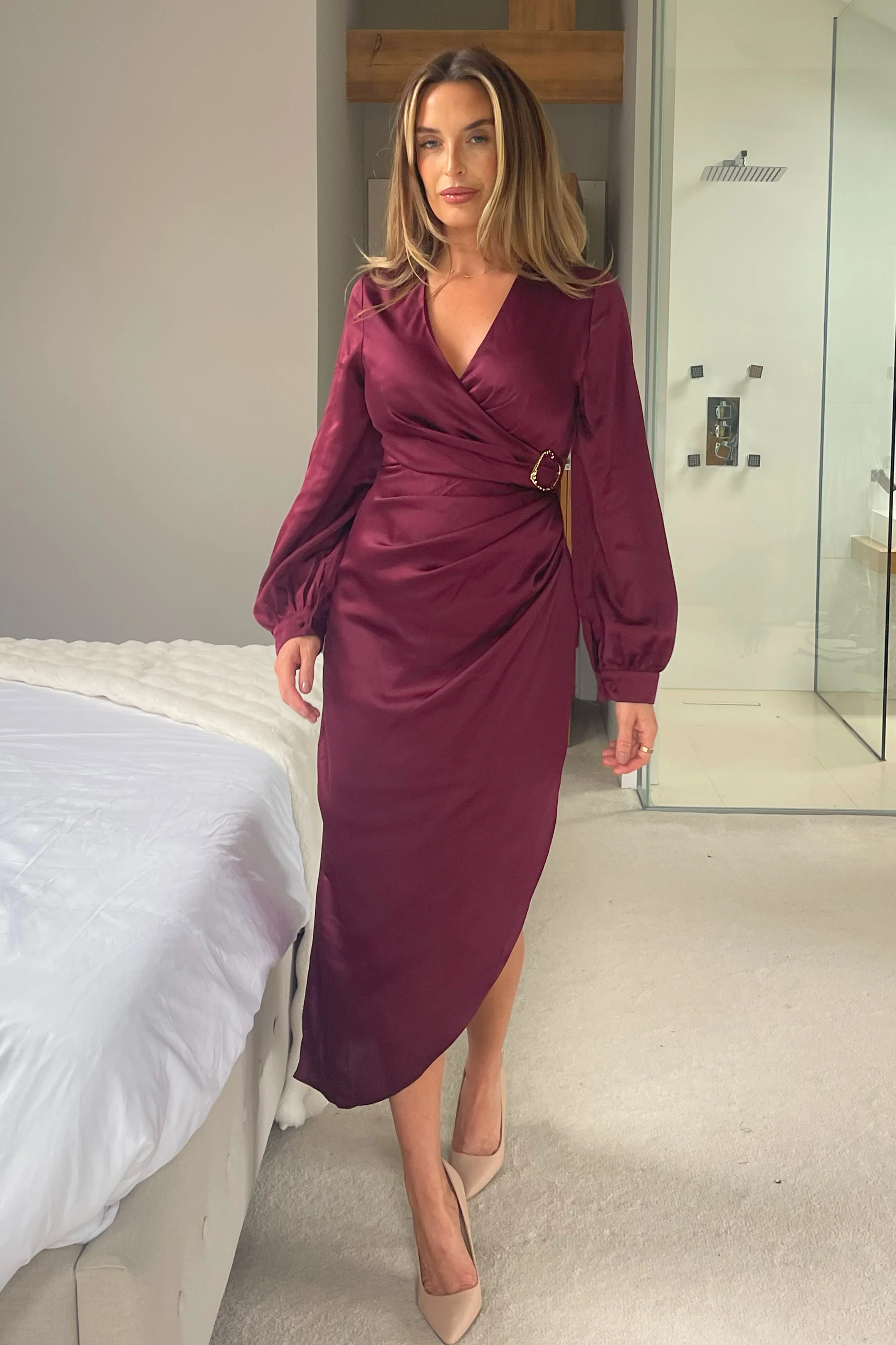 Elsa Gold Buckle Long Sleeve Wrap Asymmetric Midi Dress In Wine - Image 3