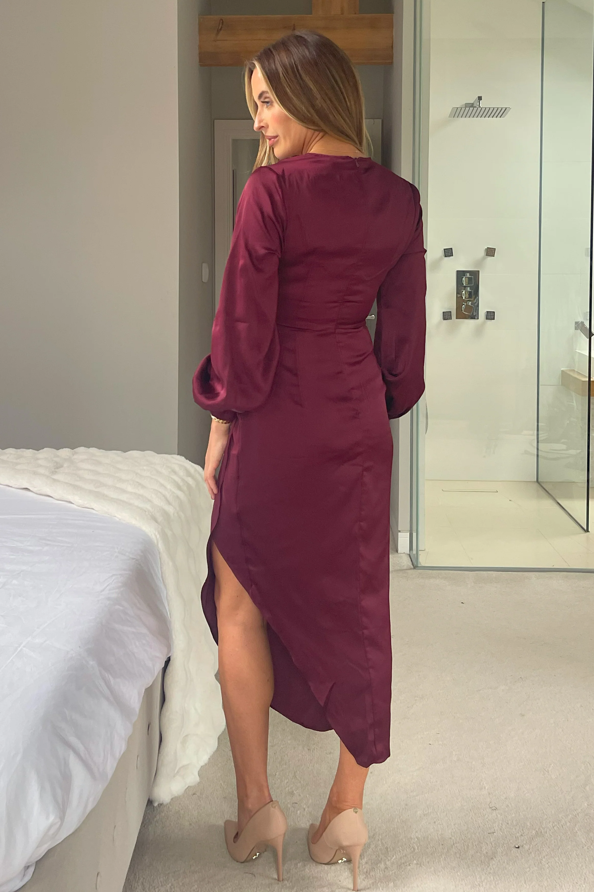 Elsa Gold Buckle Long Sleeve Wrap Asymmetric Midi Dress In Wine - Image 5