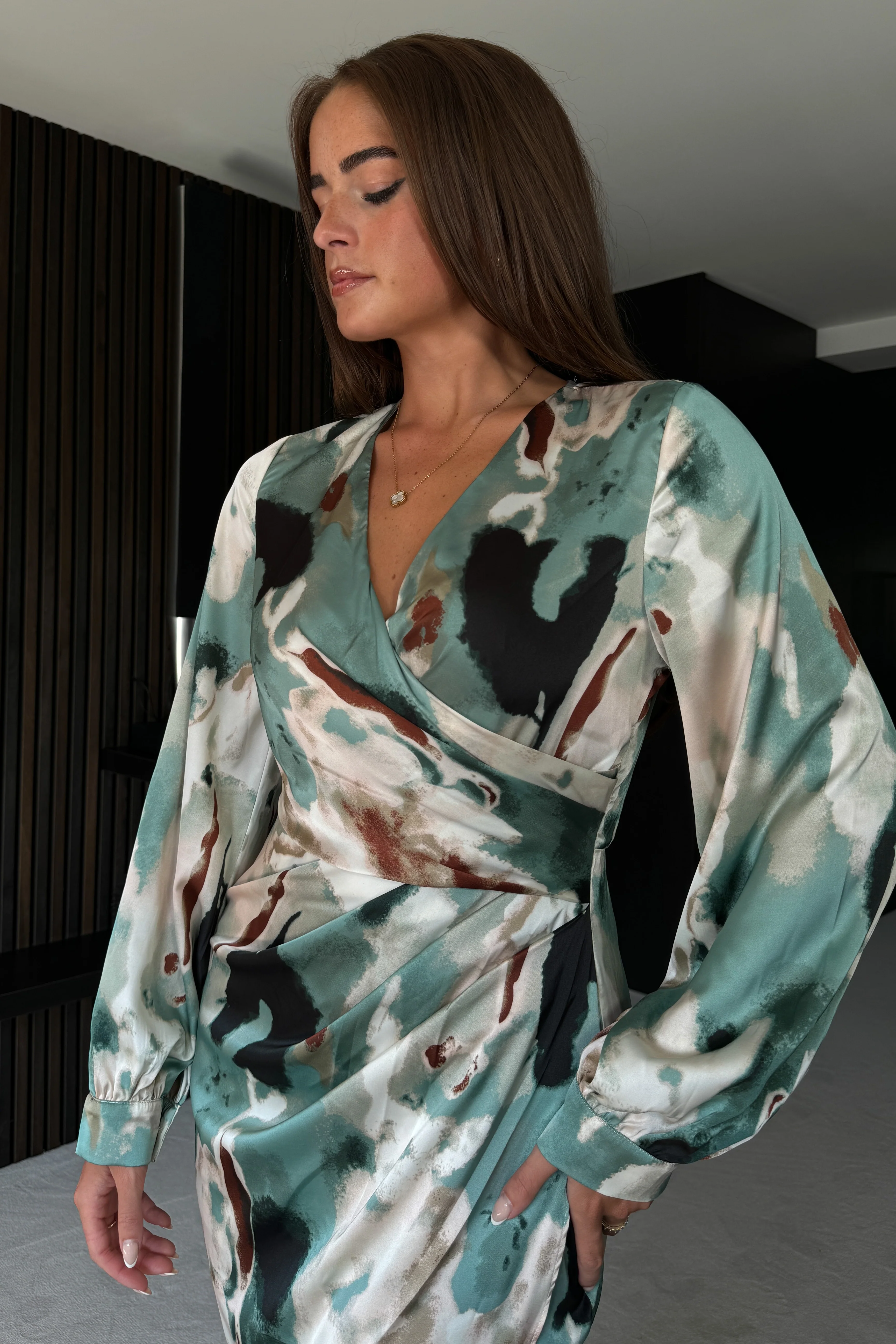 Elsa Green Marble Long Sleeve Asymmetric Midi Dress - Image 2