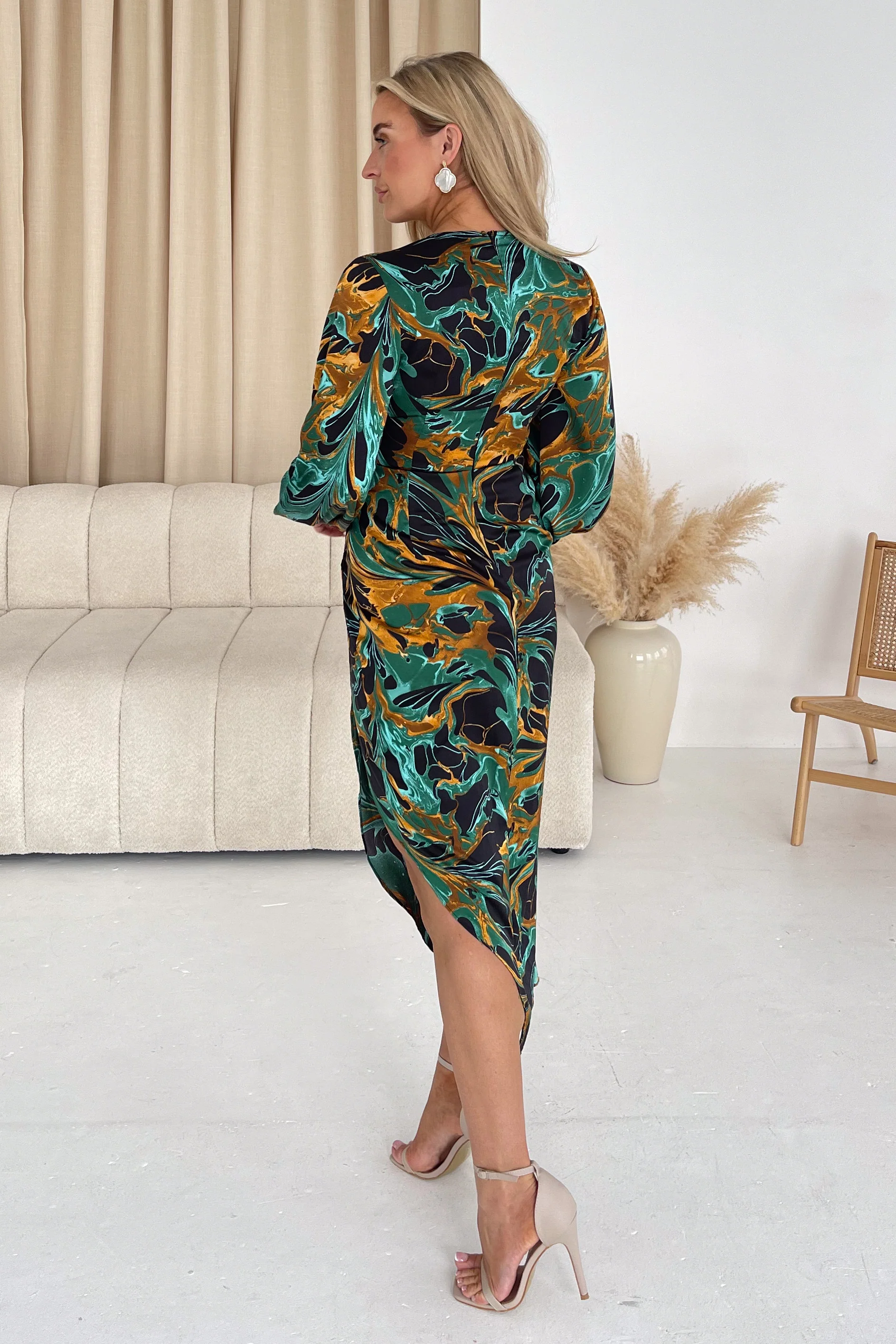 Elsa Green Multi Long Sleeve Wrap Asymmetric Midi Dress - Image 4