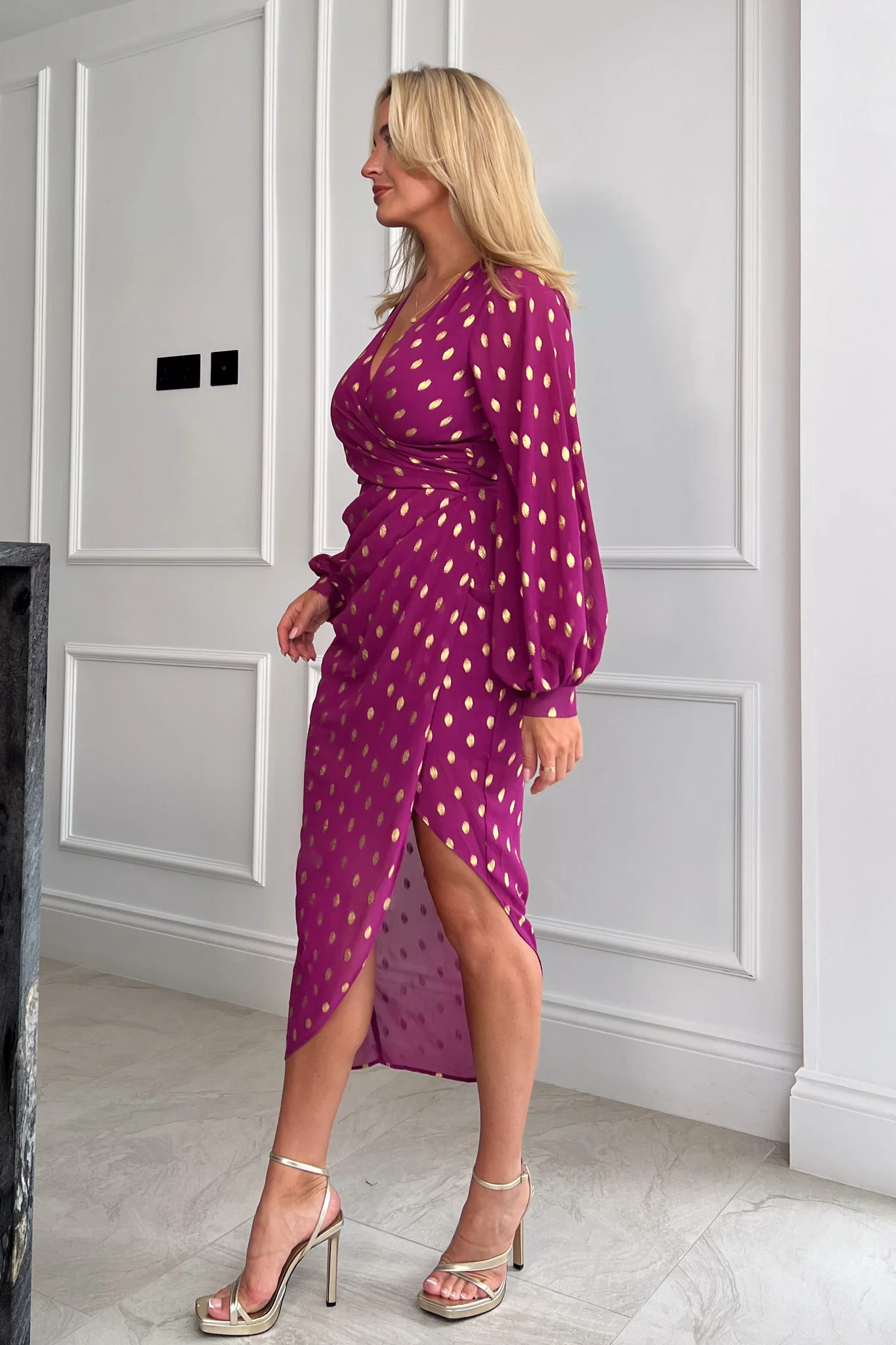 Elsa Orchid Foil Wrap Asymmetric Midi Dress - Image 4