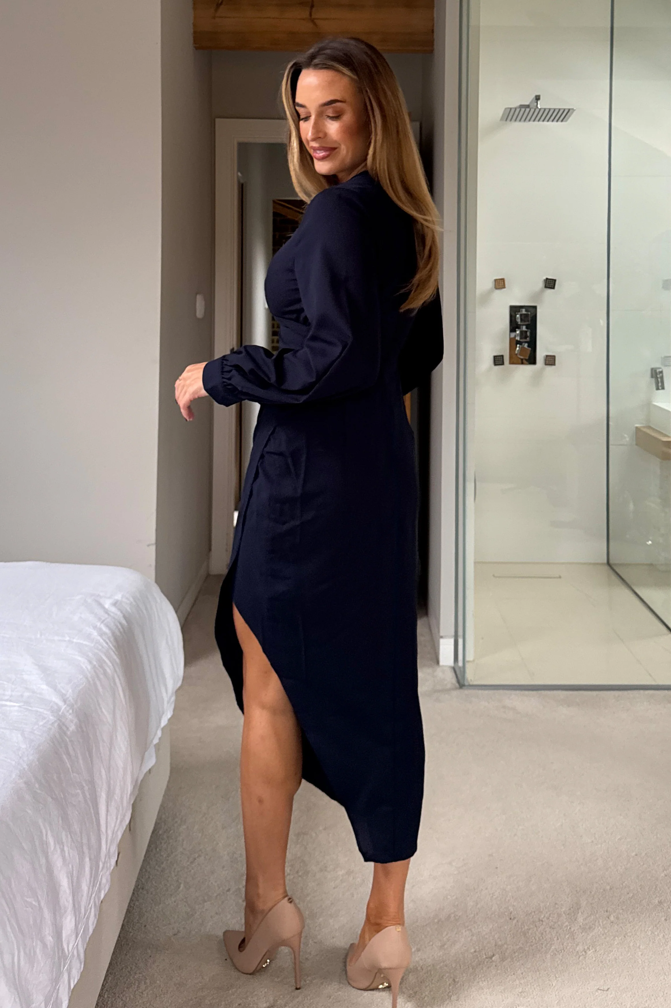 Elsa Long Sleeve Wrap Asymmetric Midi Dark Navy - Image 4