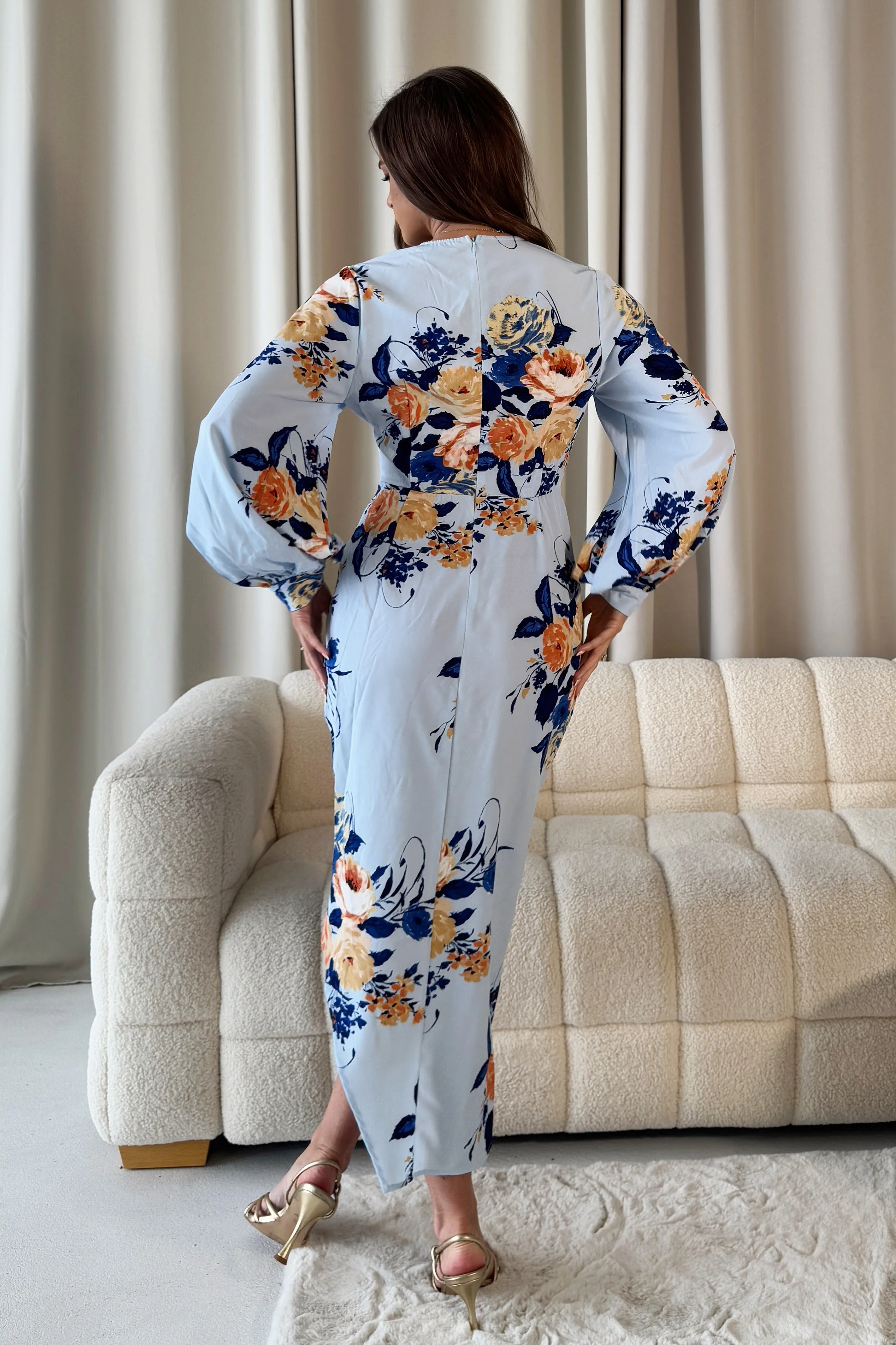 Elsa Sky Blue Floral Wrap Asymmetric Midi Dress - Image 3
