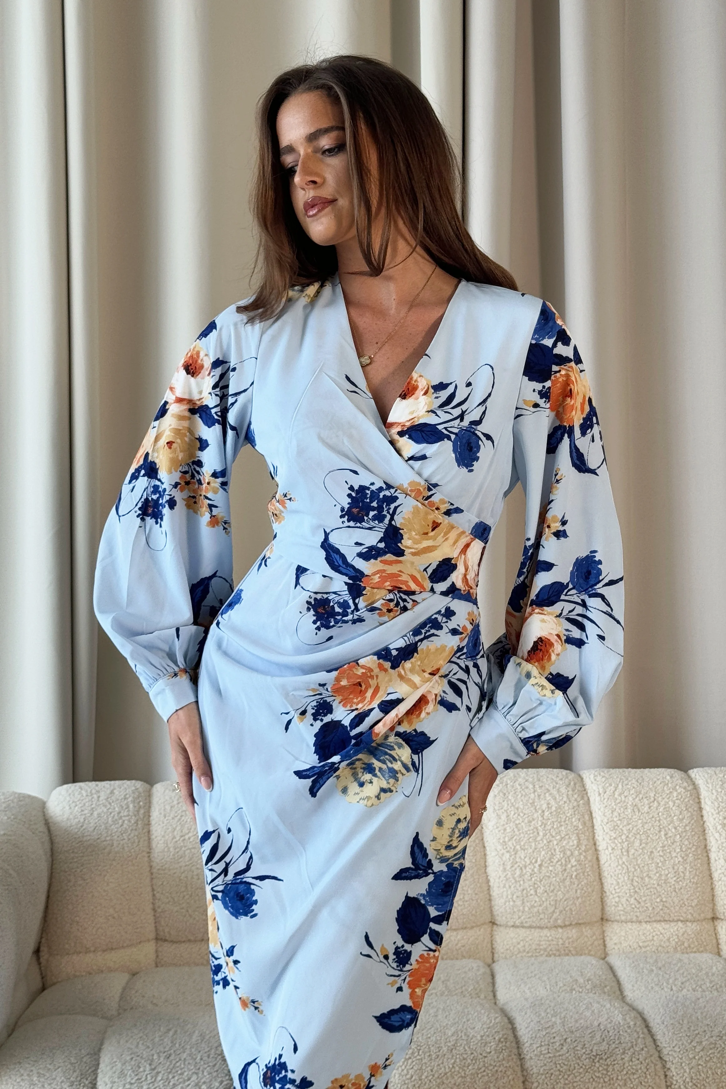 Elsa Sky Blue Floral Wrap Asymmetric Midi Dress - Image 4
