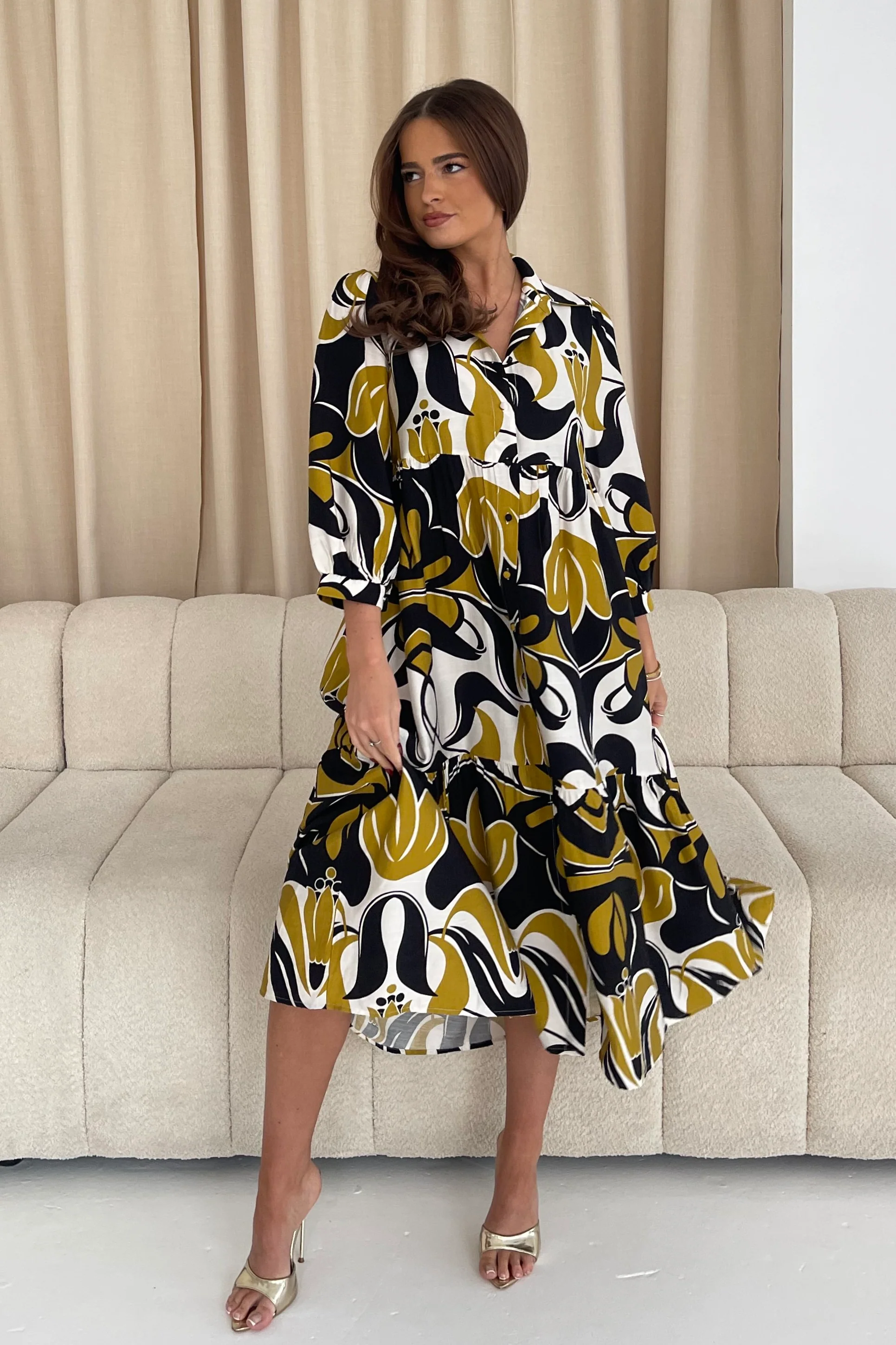 Emery 3/4 Sleeve Smock Maxi Shirt Dress Yellow - Image 4