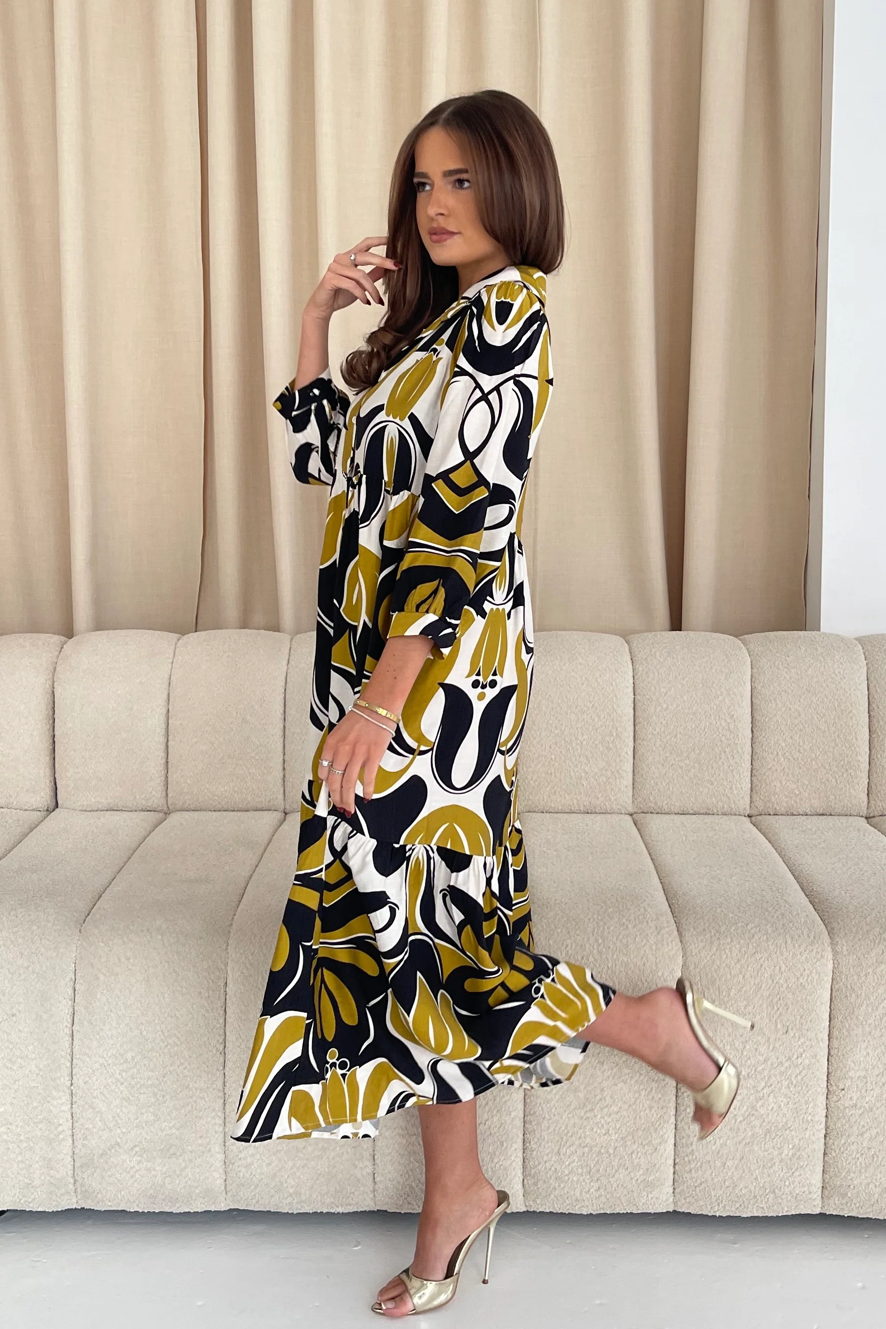 Emery 3/4 Sleeve Smock Maxi Shirt Dress Yellow - Image 5