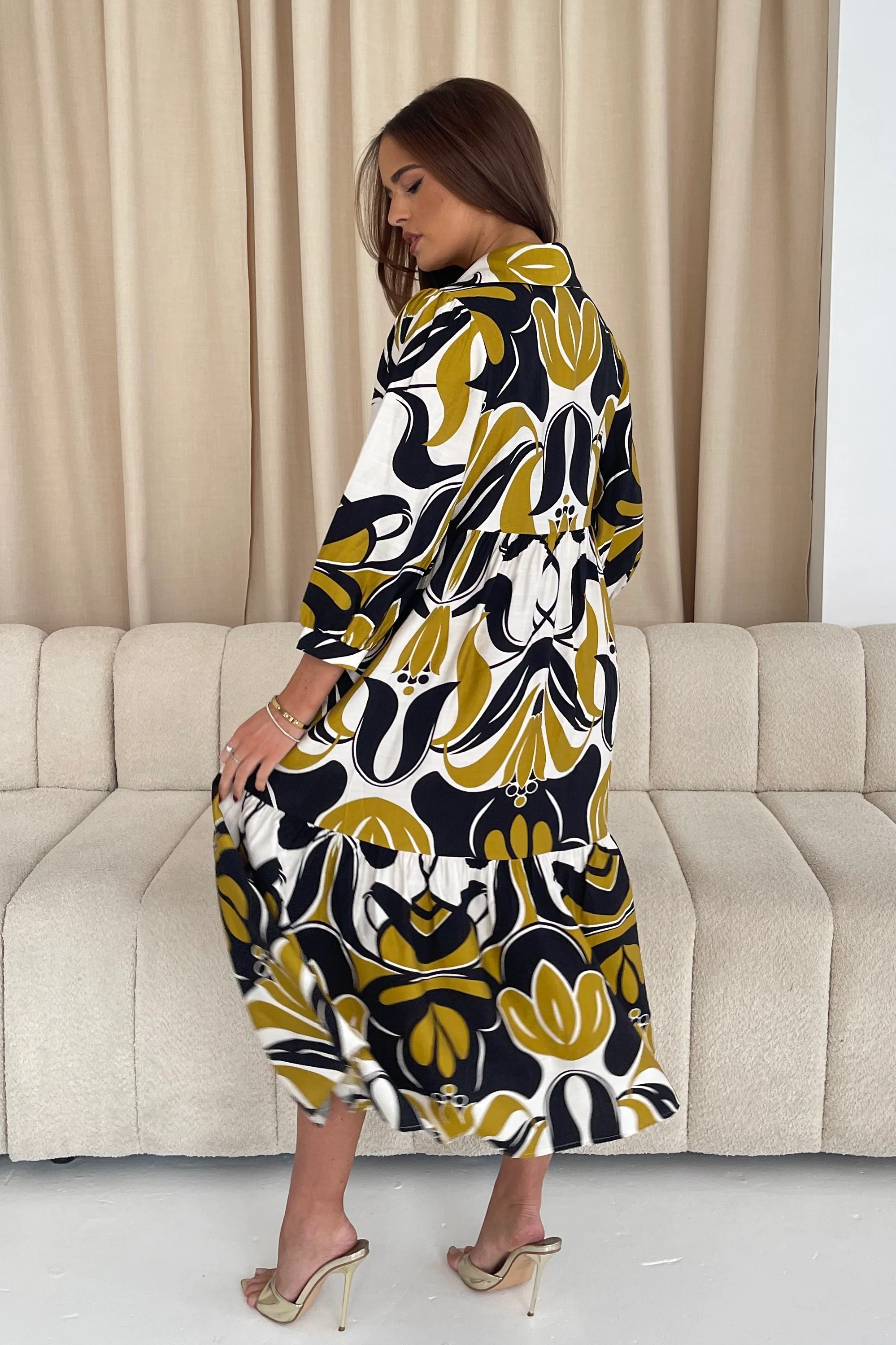Emery 3/4 Sleeve Smock Maxi Shirt Dress Yellow - Image 6
