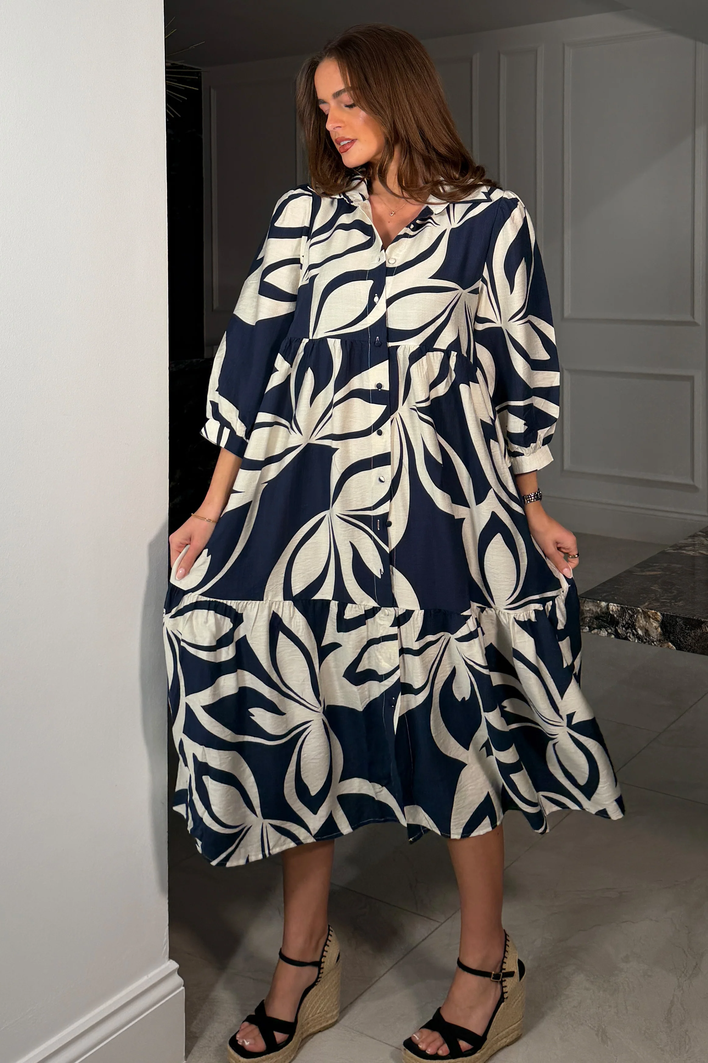 Emery 3/4 Sleeve Smock Maxi Shirt Dress Navy - Image 4