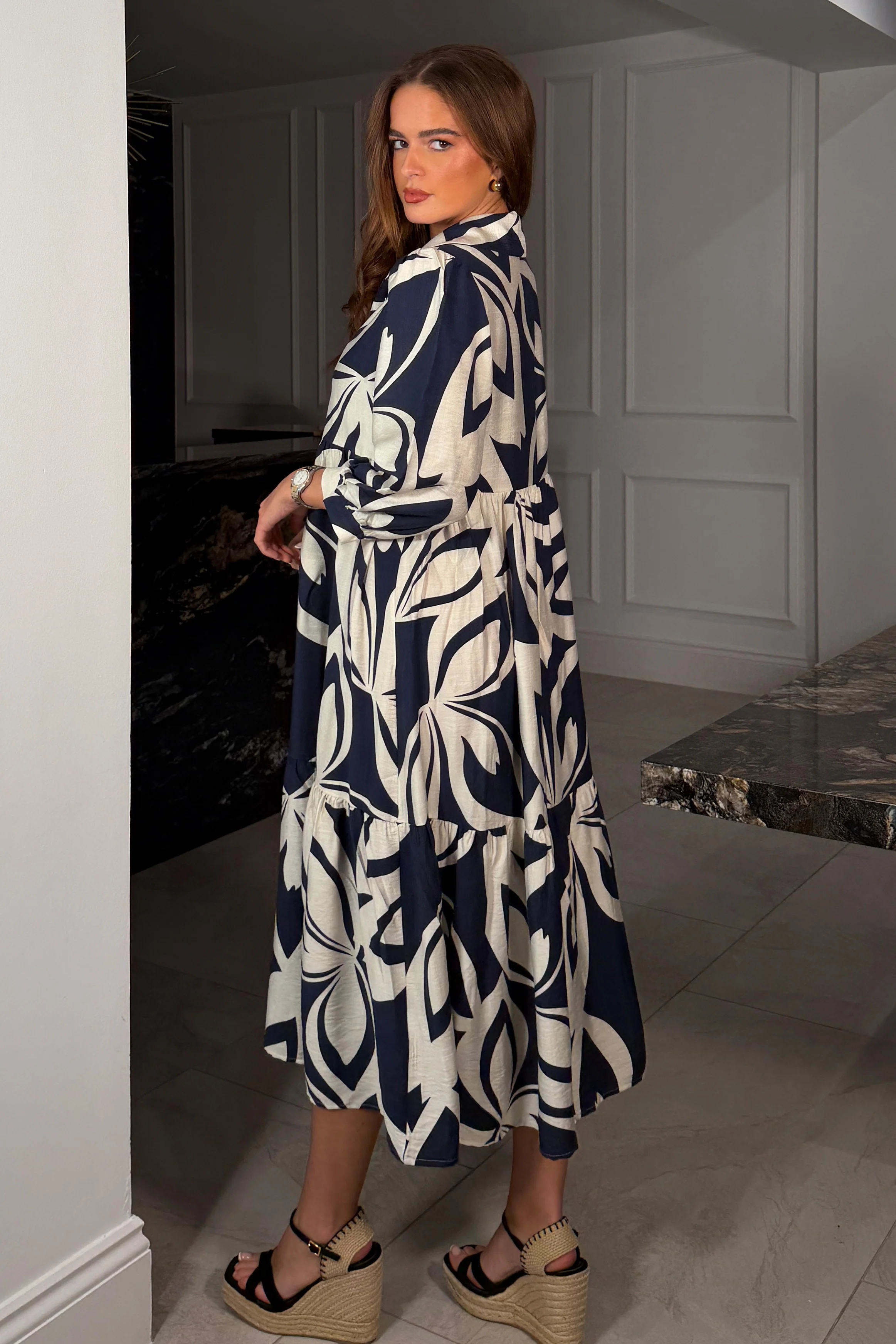 Emery 3/4 Sleeve Smock Maxi Shirt Dress Navy - Image 5