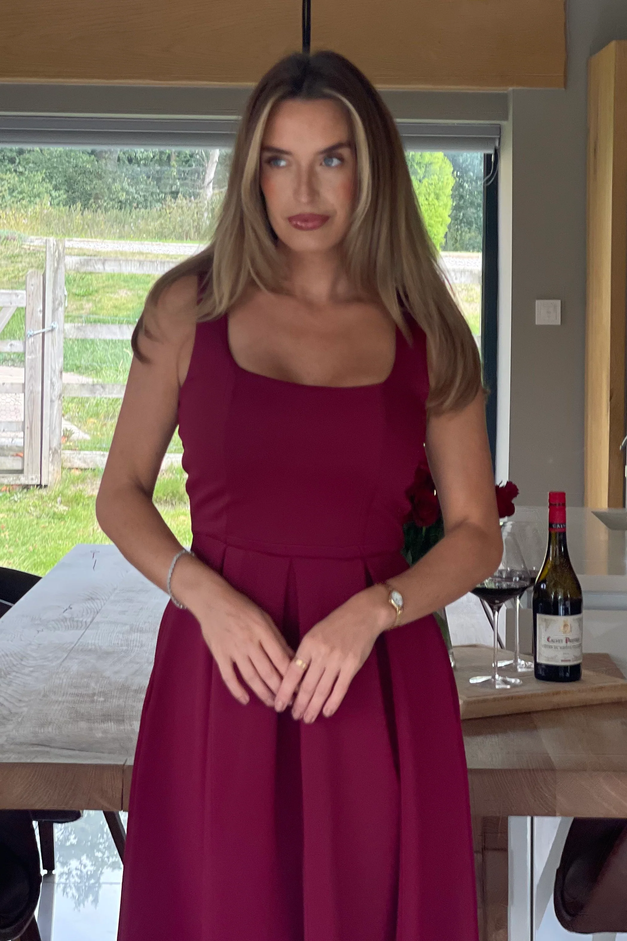 Erica Square Neck Pleated Midi Dress Berry - Image 2