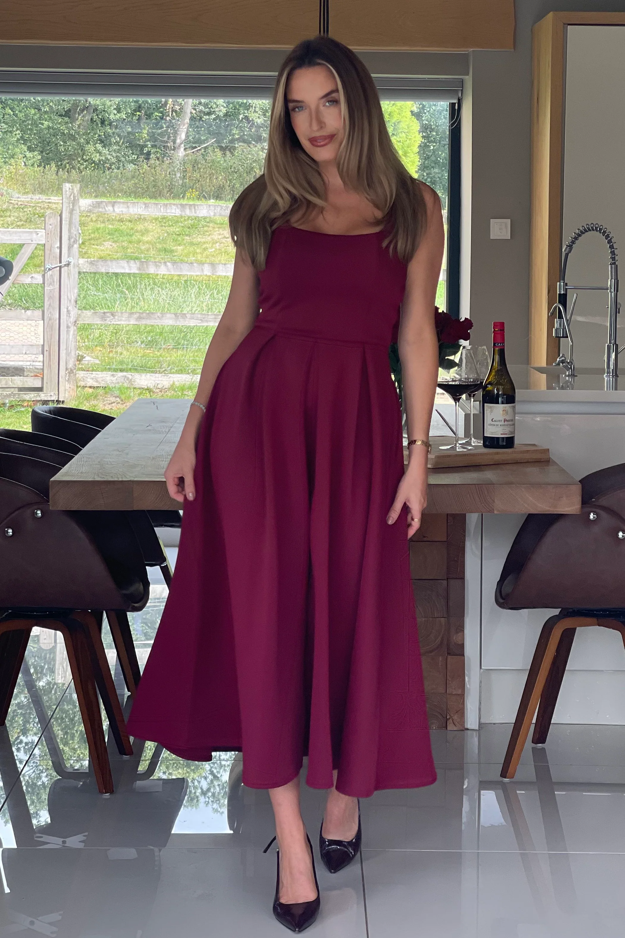 Erica Square Neck Pleated Midi Dress Berry - Image 3