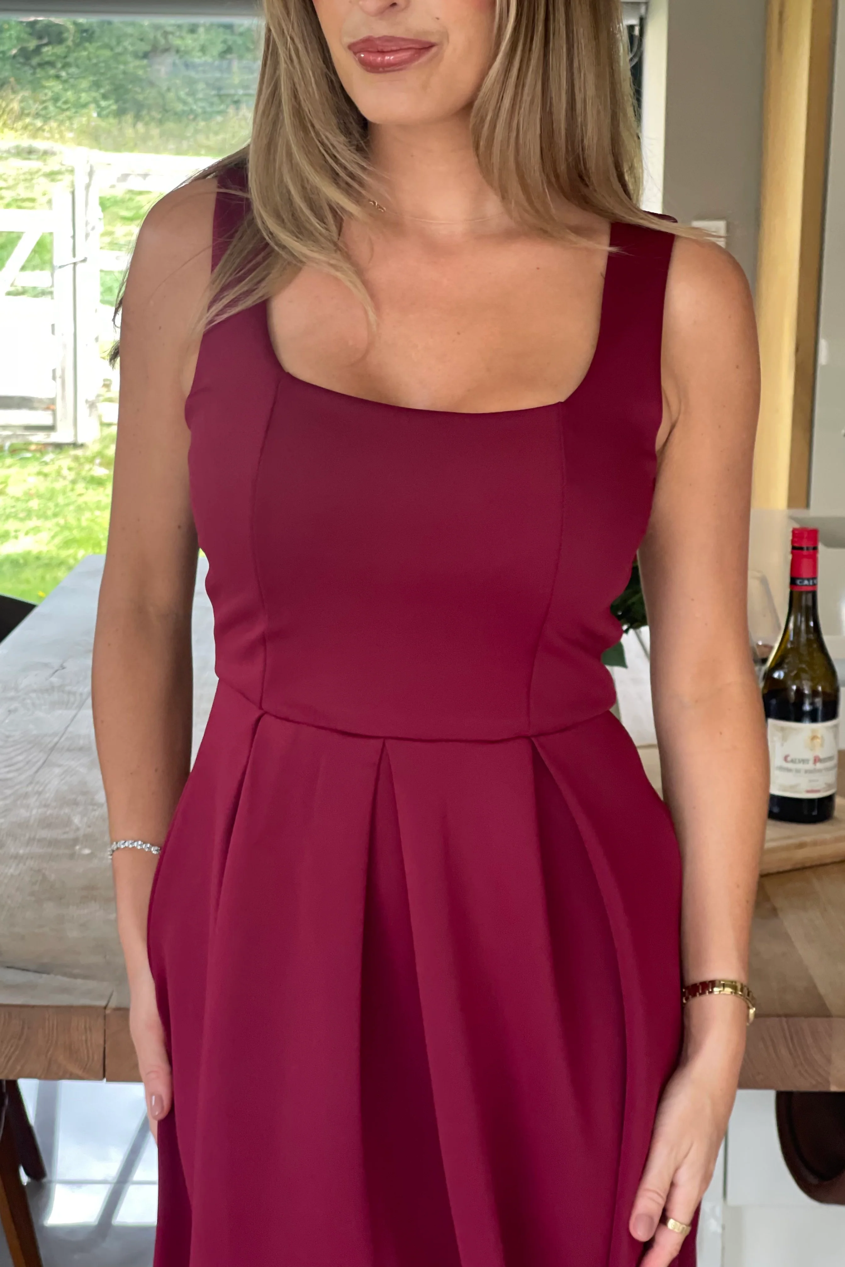 Erica Square Neck Pleated Midi Dress Berry - Image 4