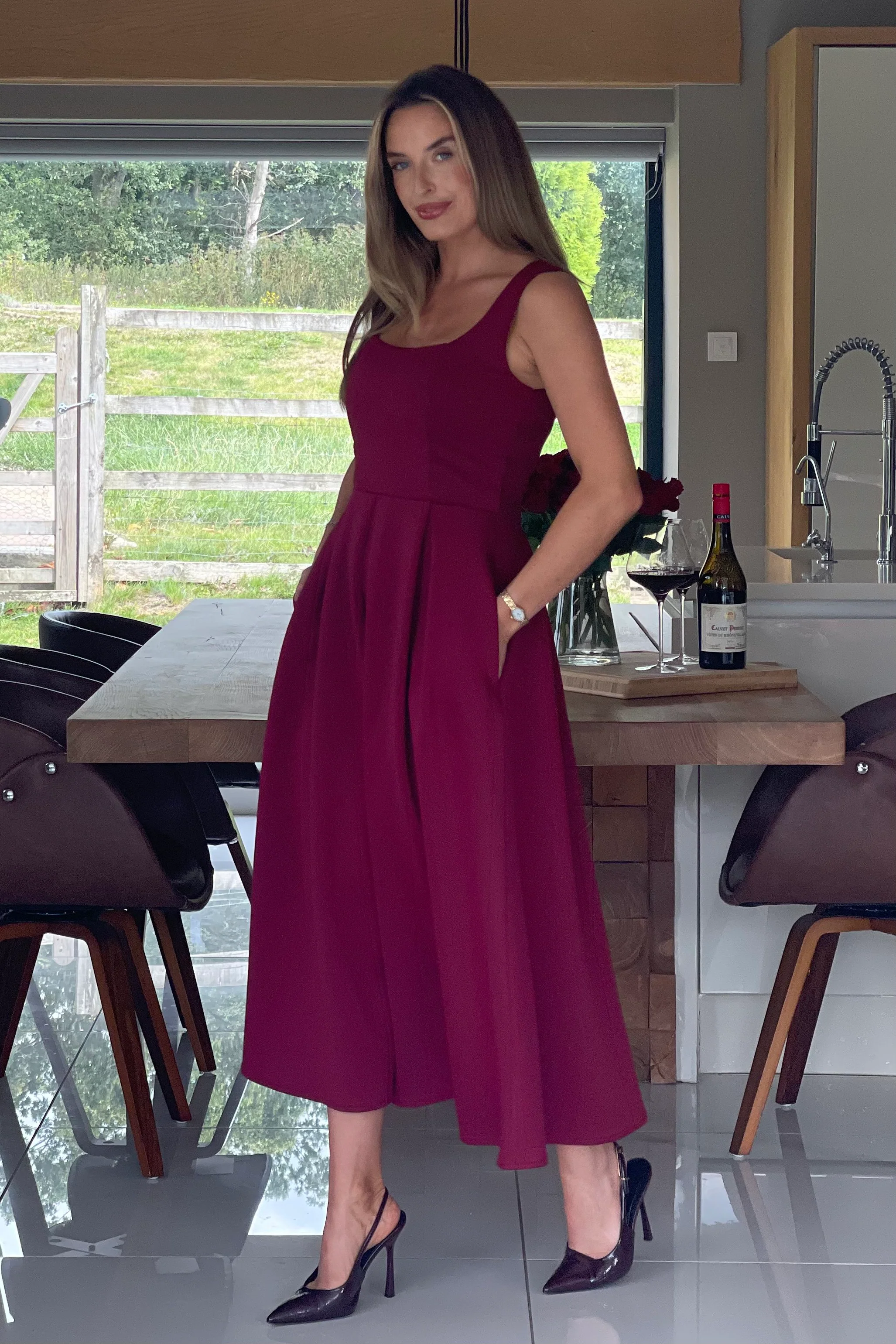 Erica Square Neck Pleated Midi Dress Berry - Image 5