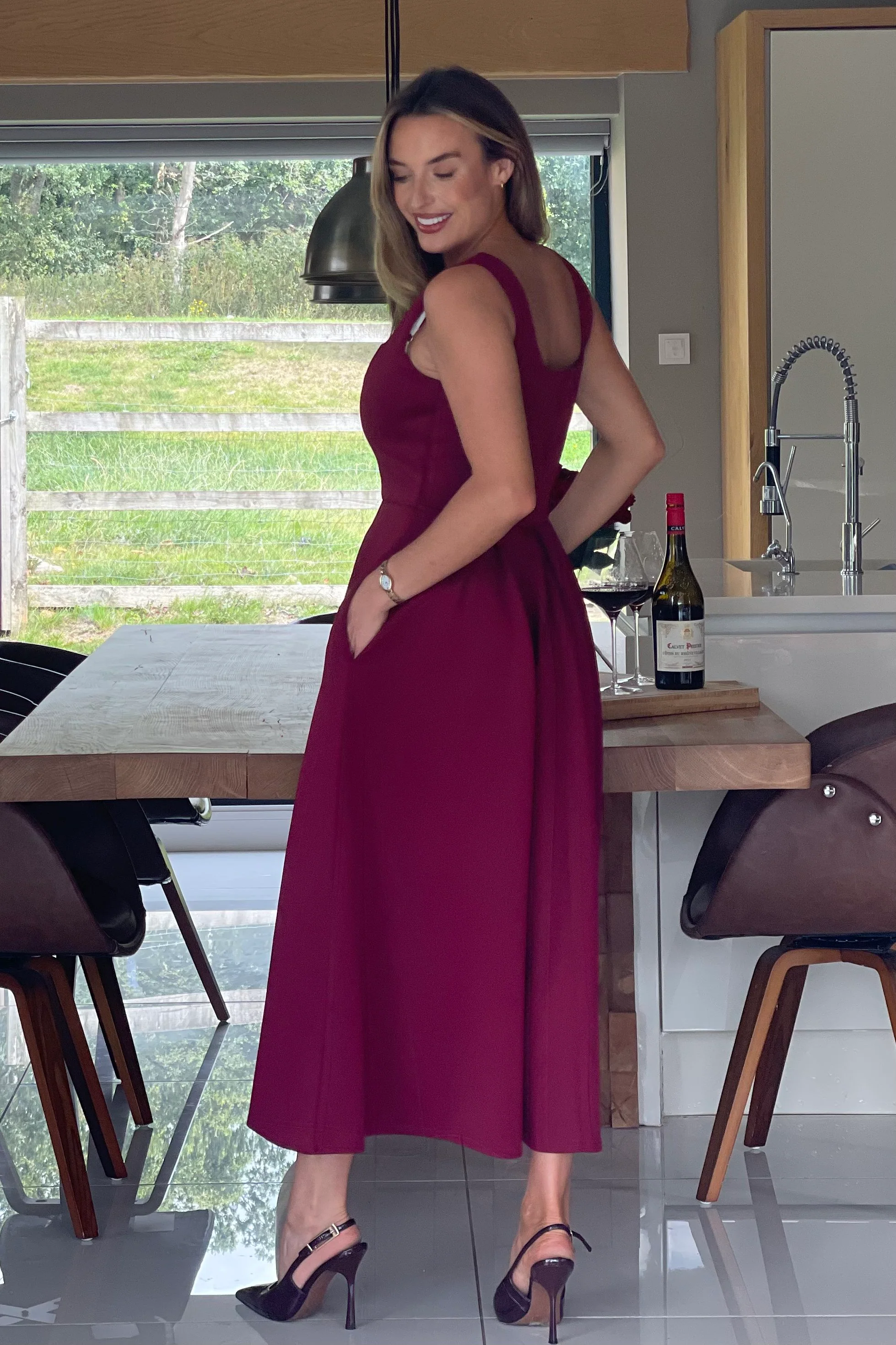 Erica Square Neck Pleated Midi Dress Berry - Image 6