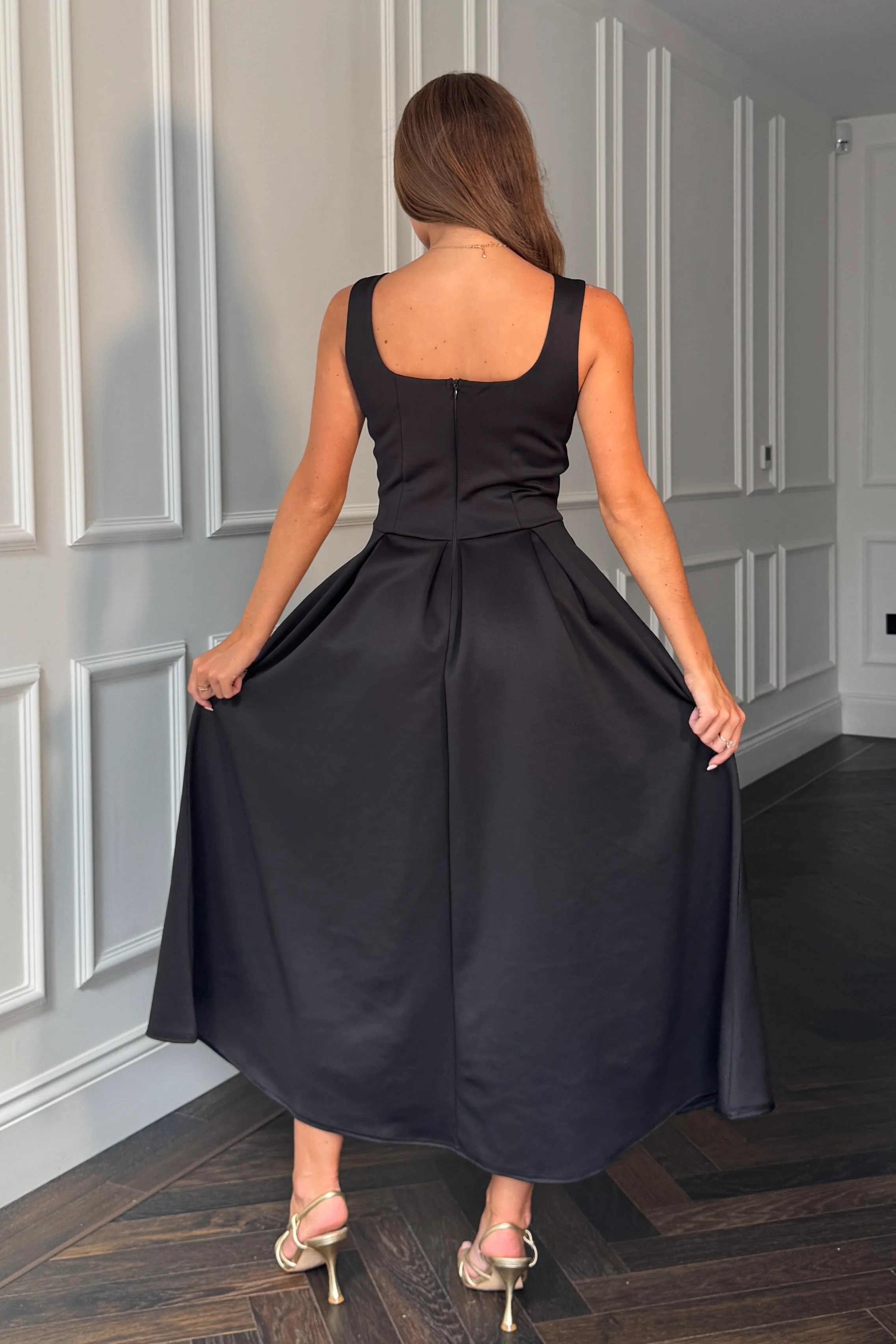Erica Square Neck Pleated Midi Dress Black - Image 6