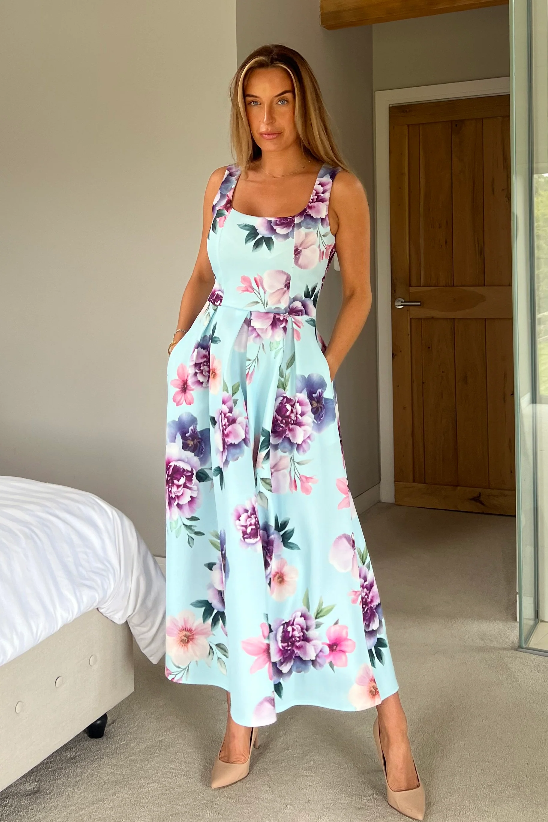 Erica Square Neck Pleated Midi Dress Blue Floral