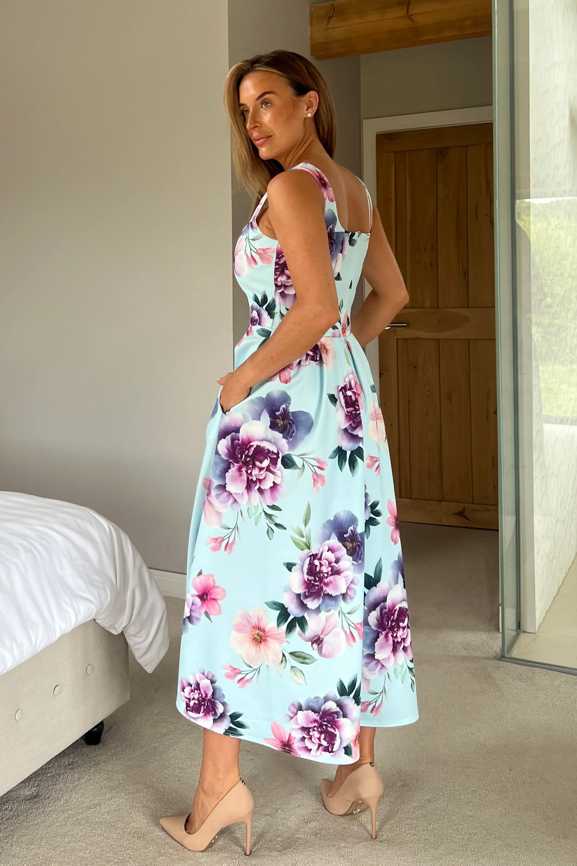 Erica Square Neck Pleated Midi Dress Blue Floral - Image 6