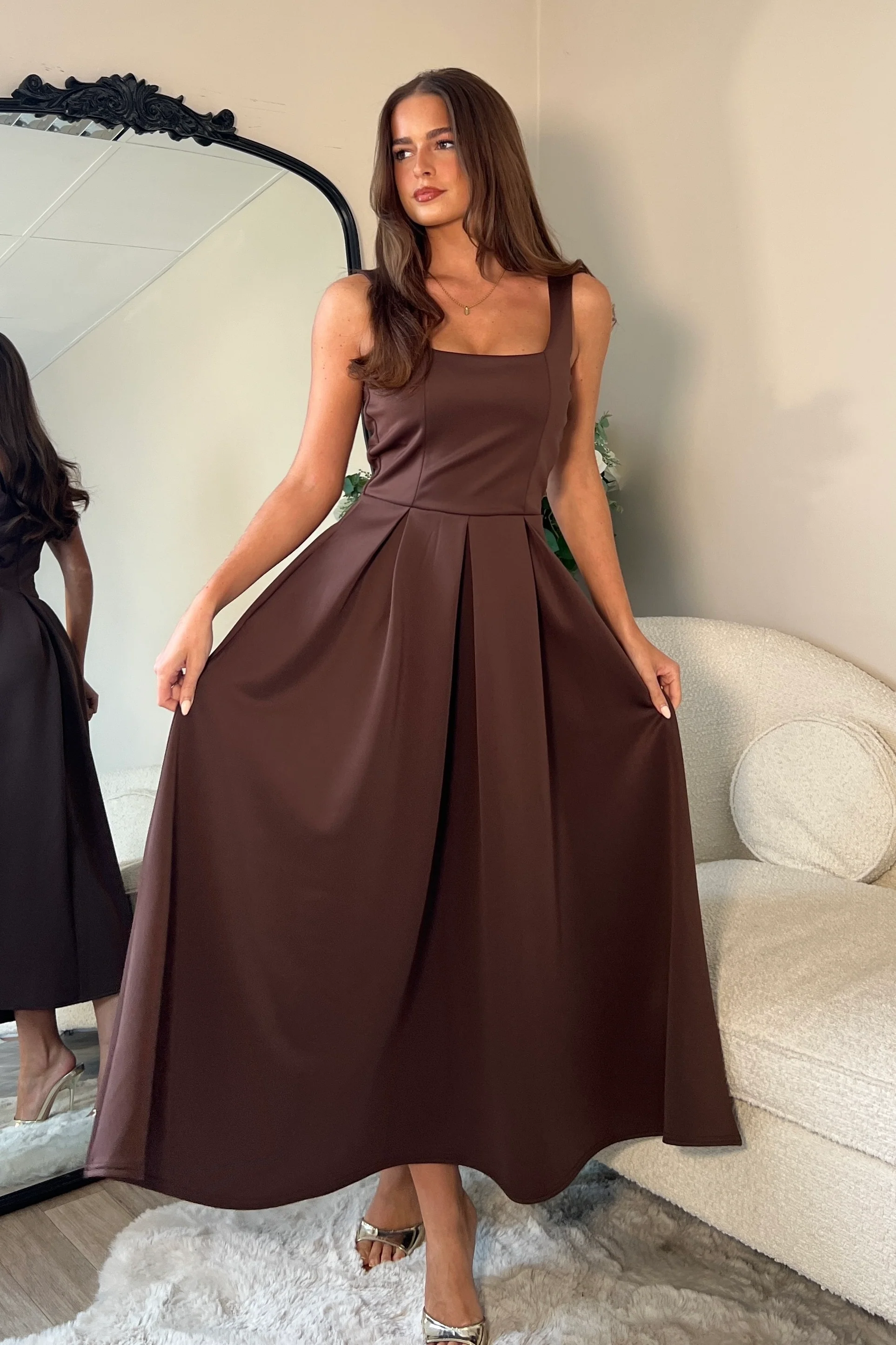 Erica Square Neck Pleated Midi Dress Brown - Image 3