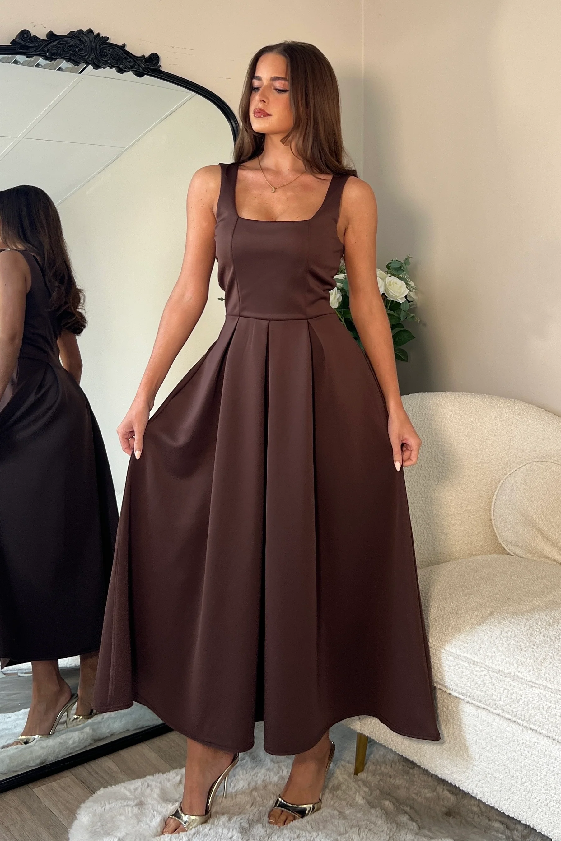 Erica Square Neck Pleated Midi Dress Brown - Image 4