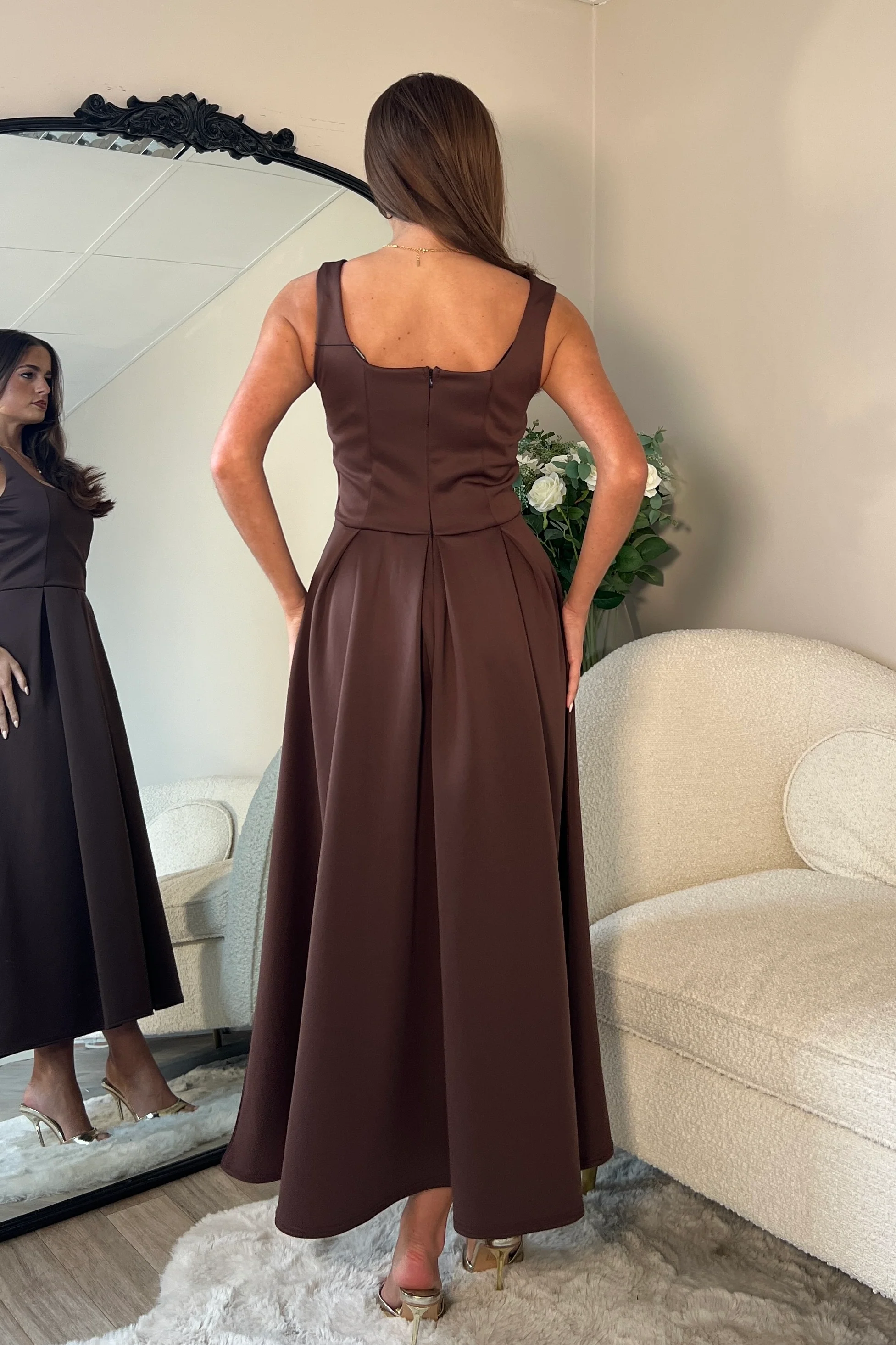 Erica Square Neck Pleated Midi Dress Brown - Image 5