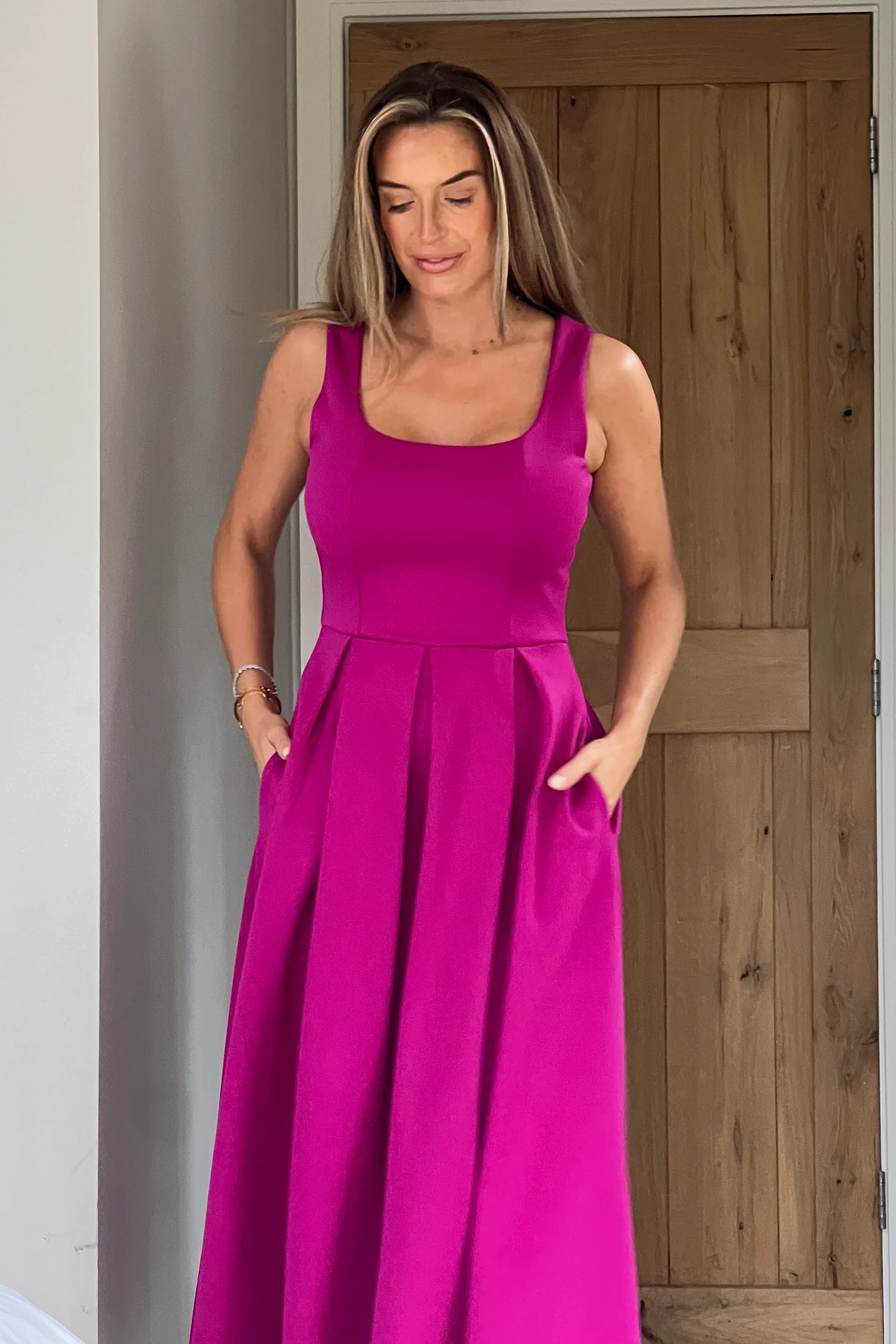 Erica Square Neck Pleated Midi Dress Dark Fuchsia - Image 2