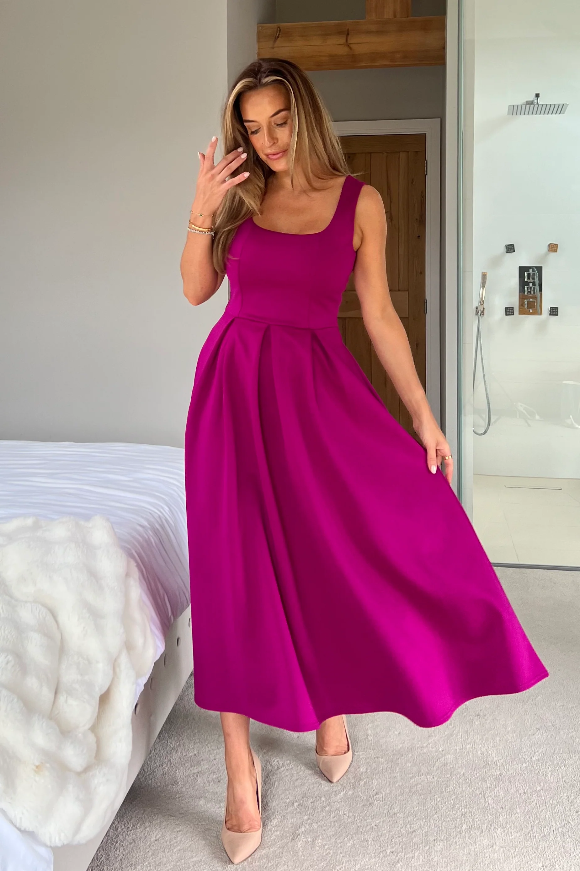 Erica Square Neck Pleated Midi Dress Dark Fuchsia - Image 3