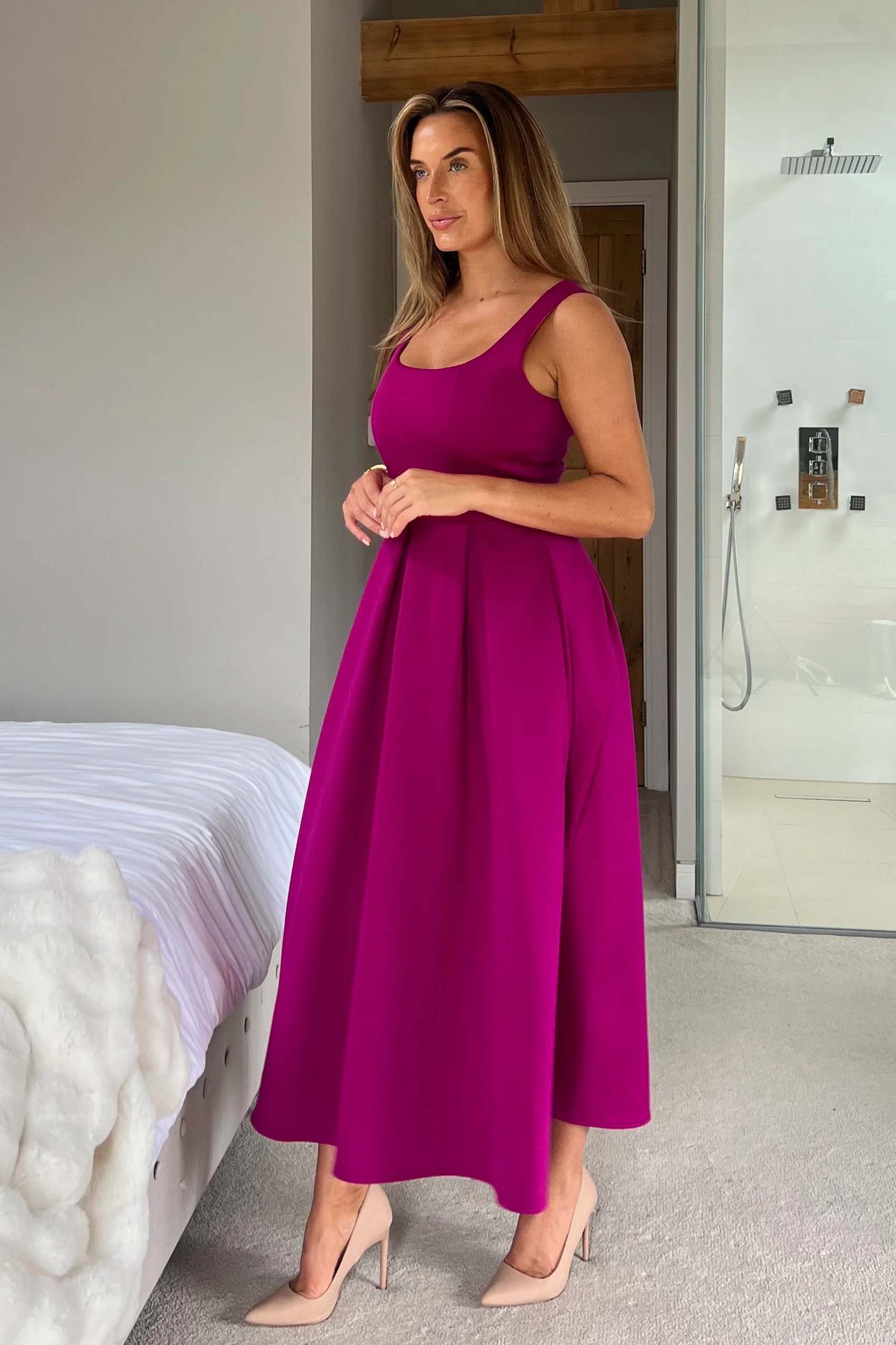 Erica Square Neck Pleated Midi Dress Dark Fuchsia - Image 5