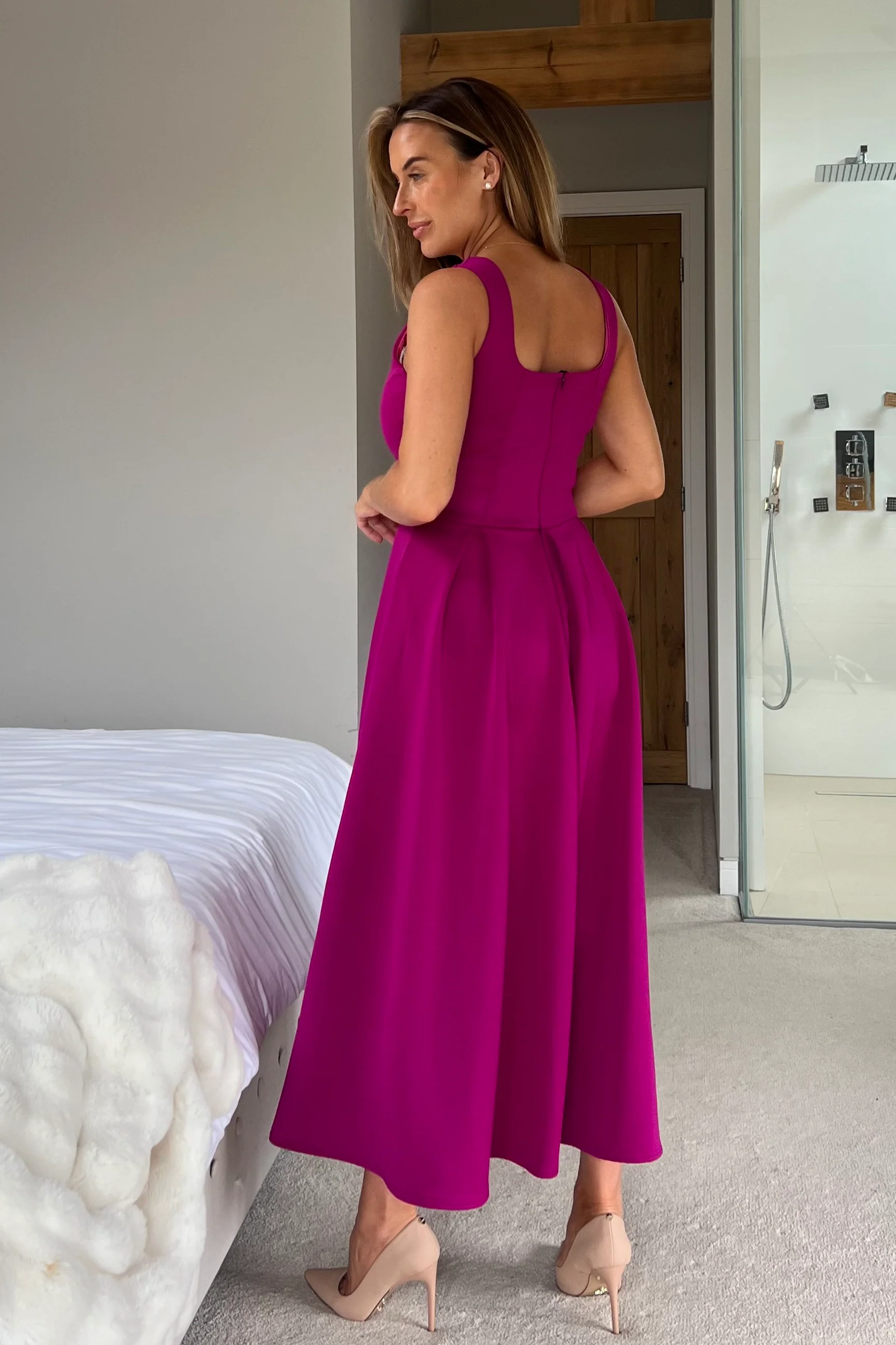 Erica Square Neck Pleated Midi Dress Dark Fuchsia - Image 6
