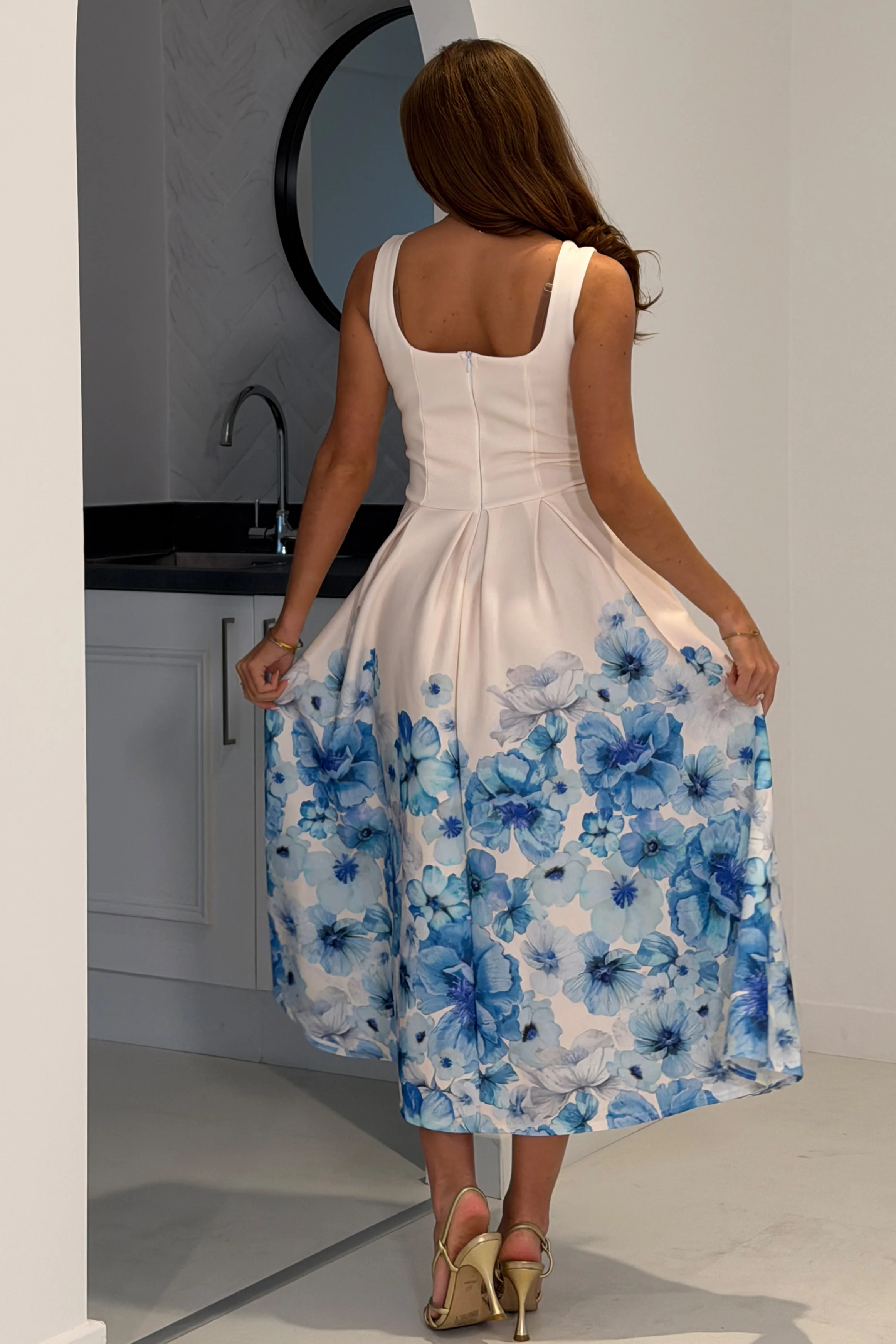 Erica Square Neck Pleated Midi Dress Floral Blue - Image 5