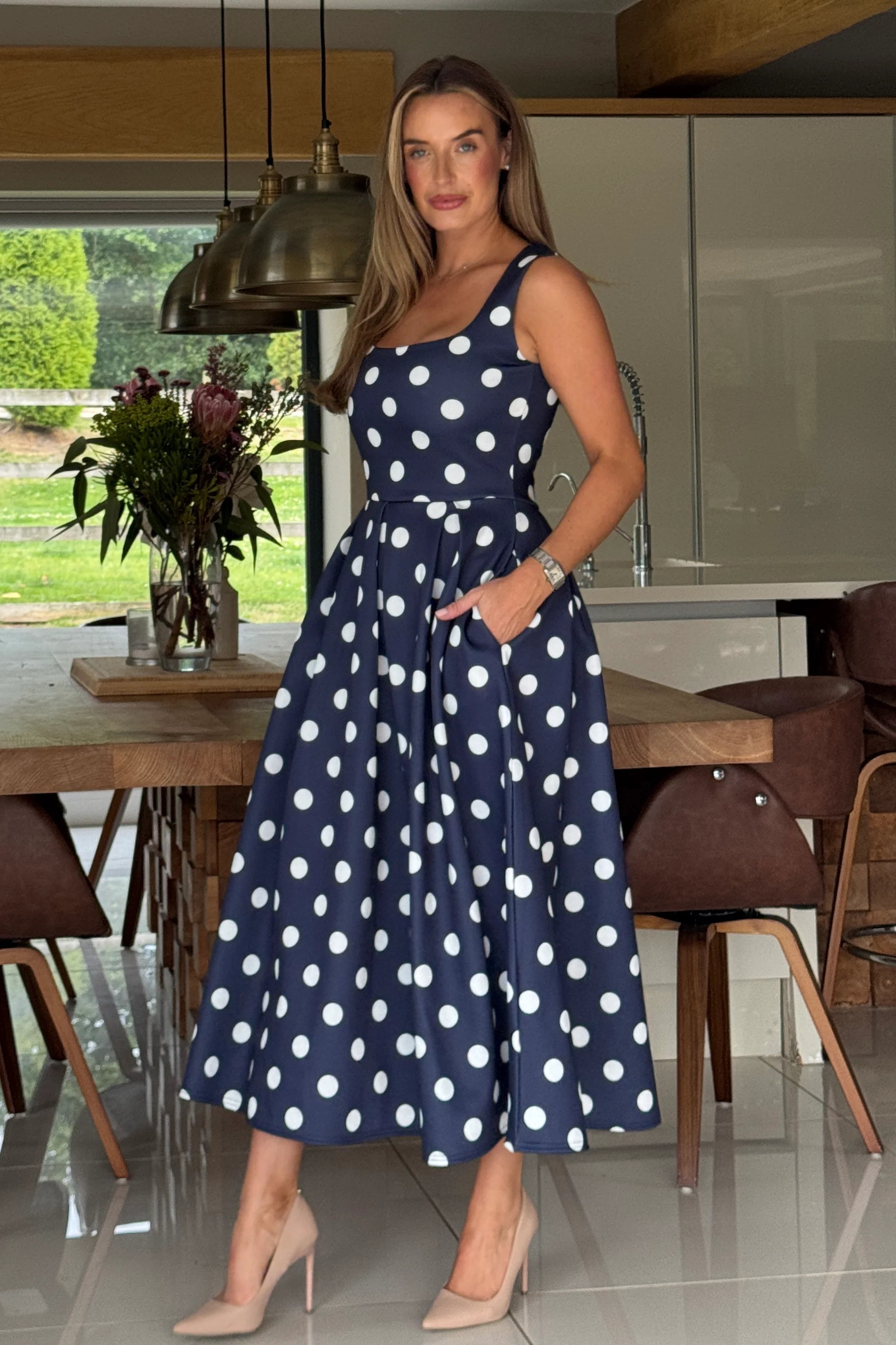 Erica Square Neck Pleated Midi Dress Navy Spot - Image 4