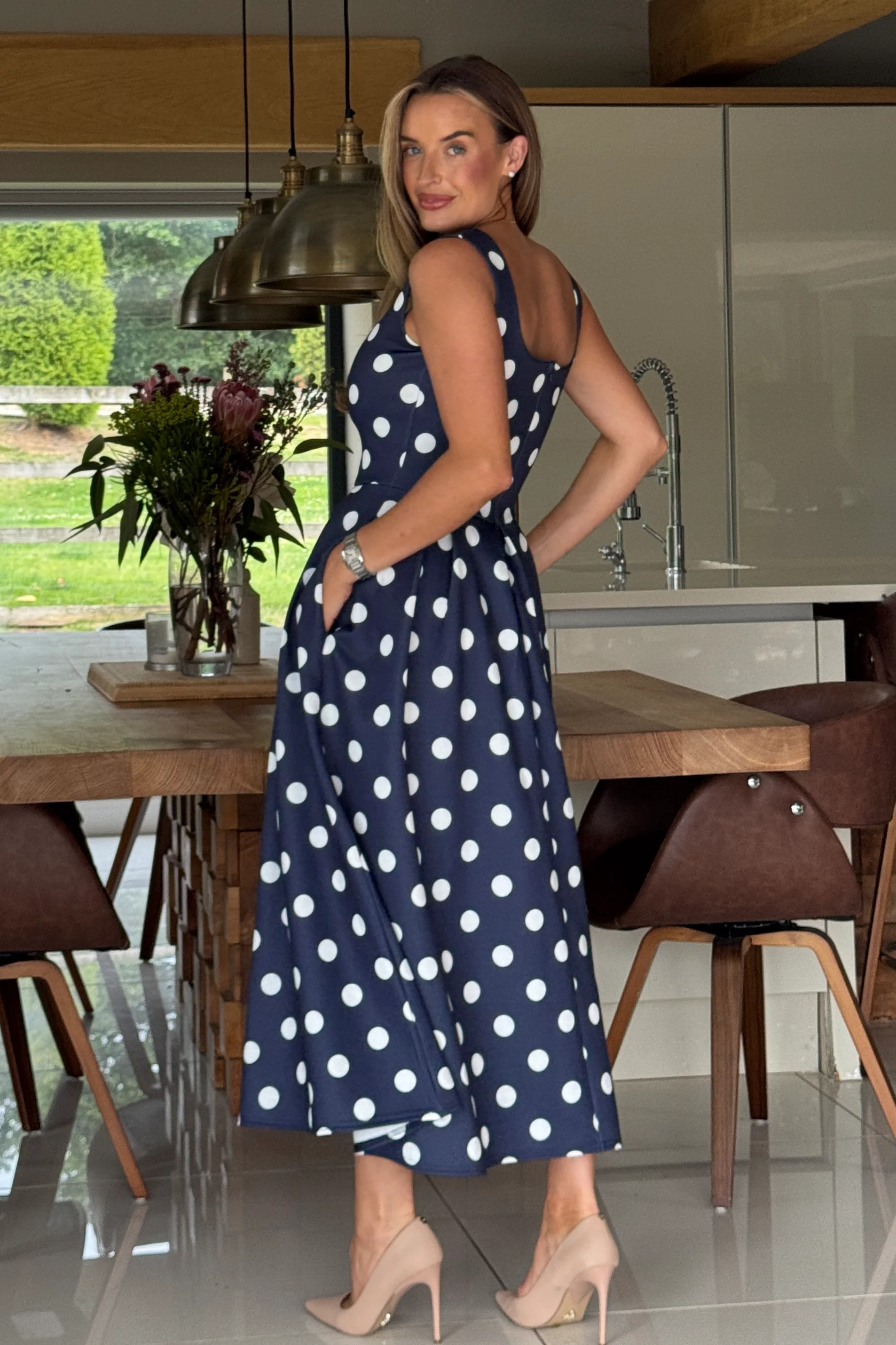 Erica Square Neck Pleated Midi Dress Navy Spot - Image 5