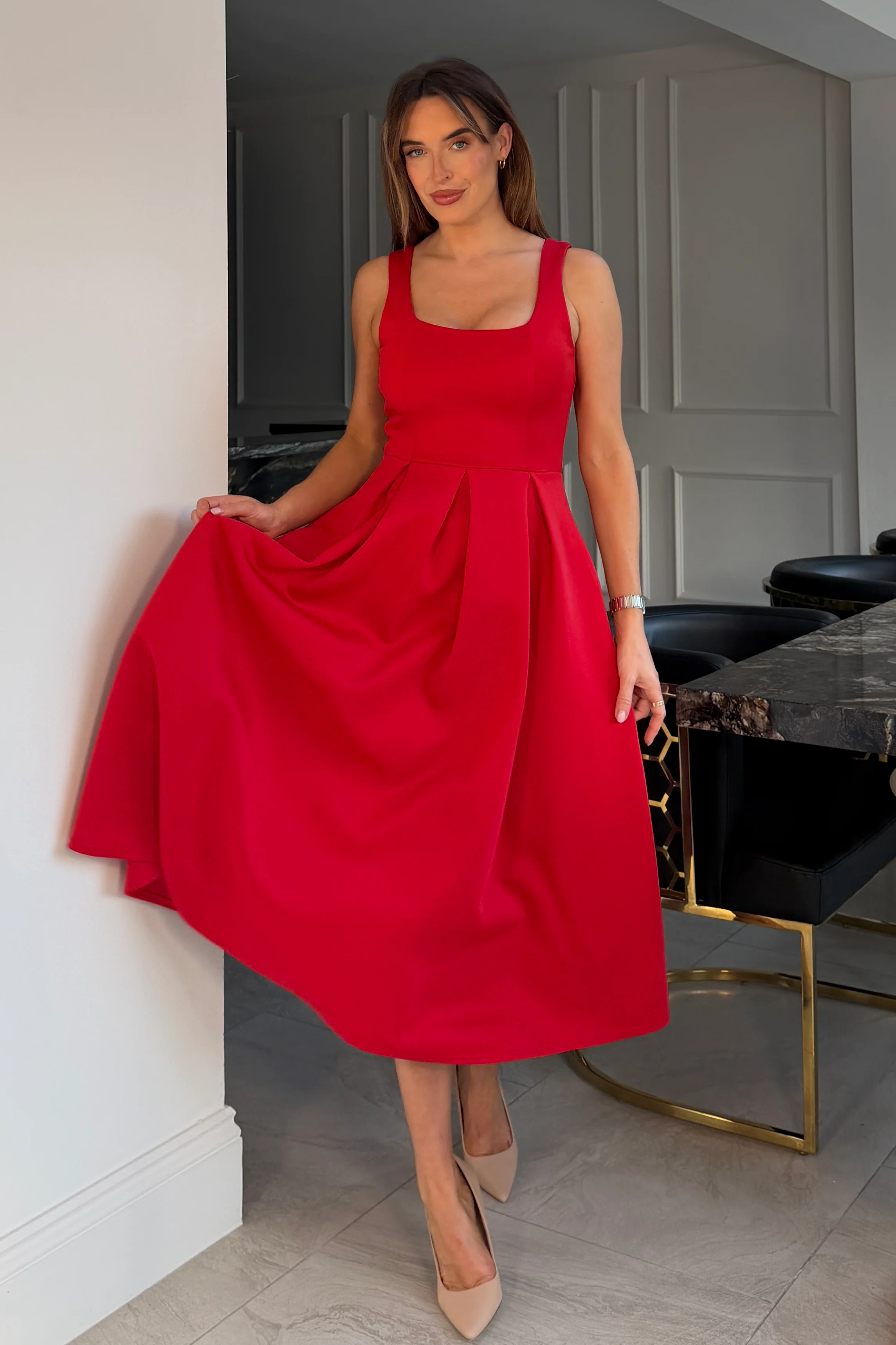Erica Square Neck Pleated Midi Dress Red - Image 3