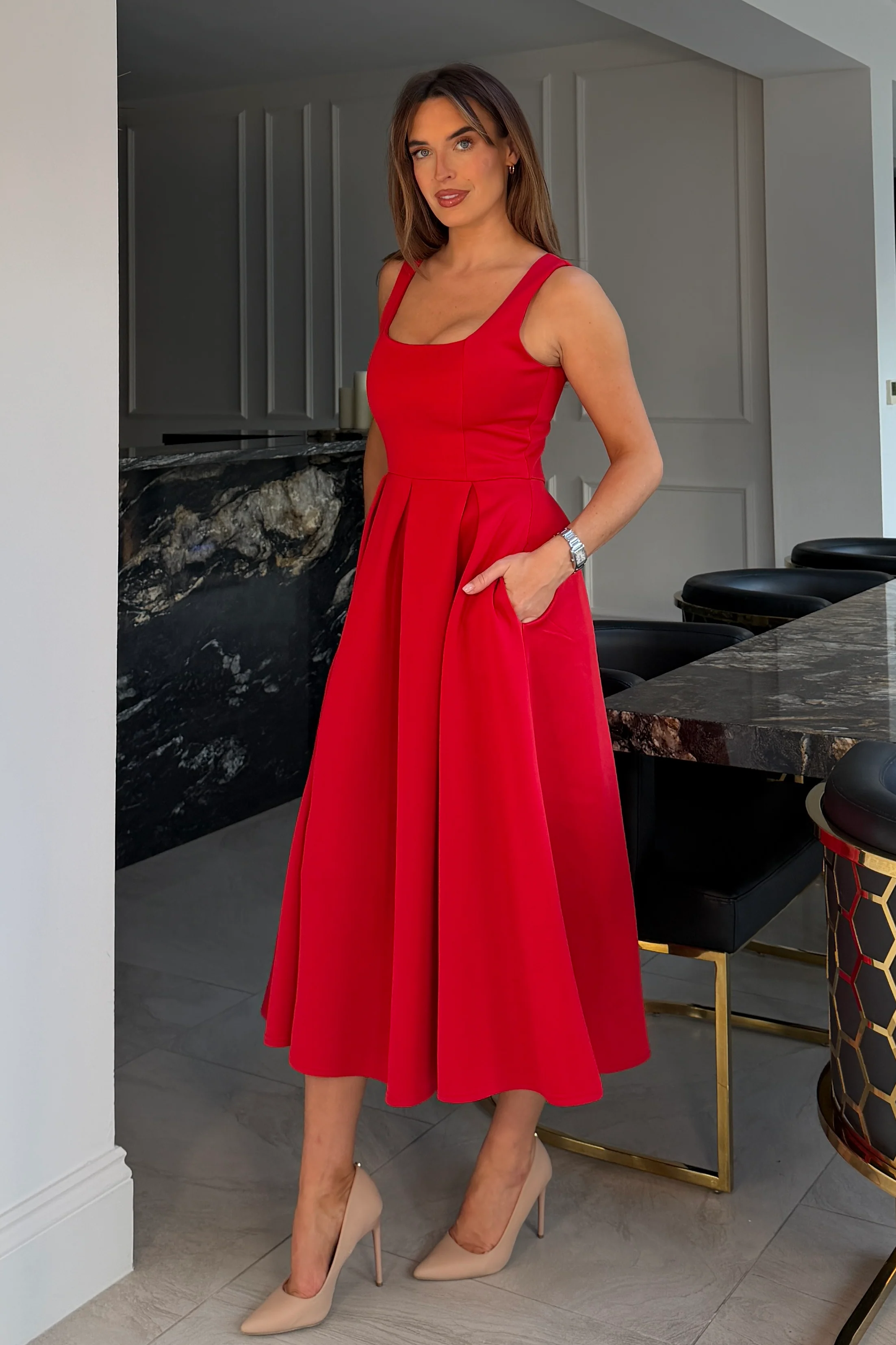 Erica Square Neck Pleated Midi Dress Red - Image 5