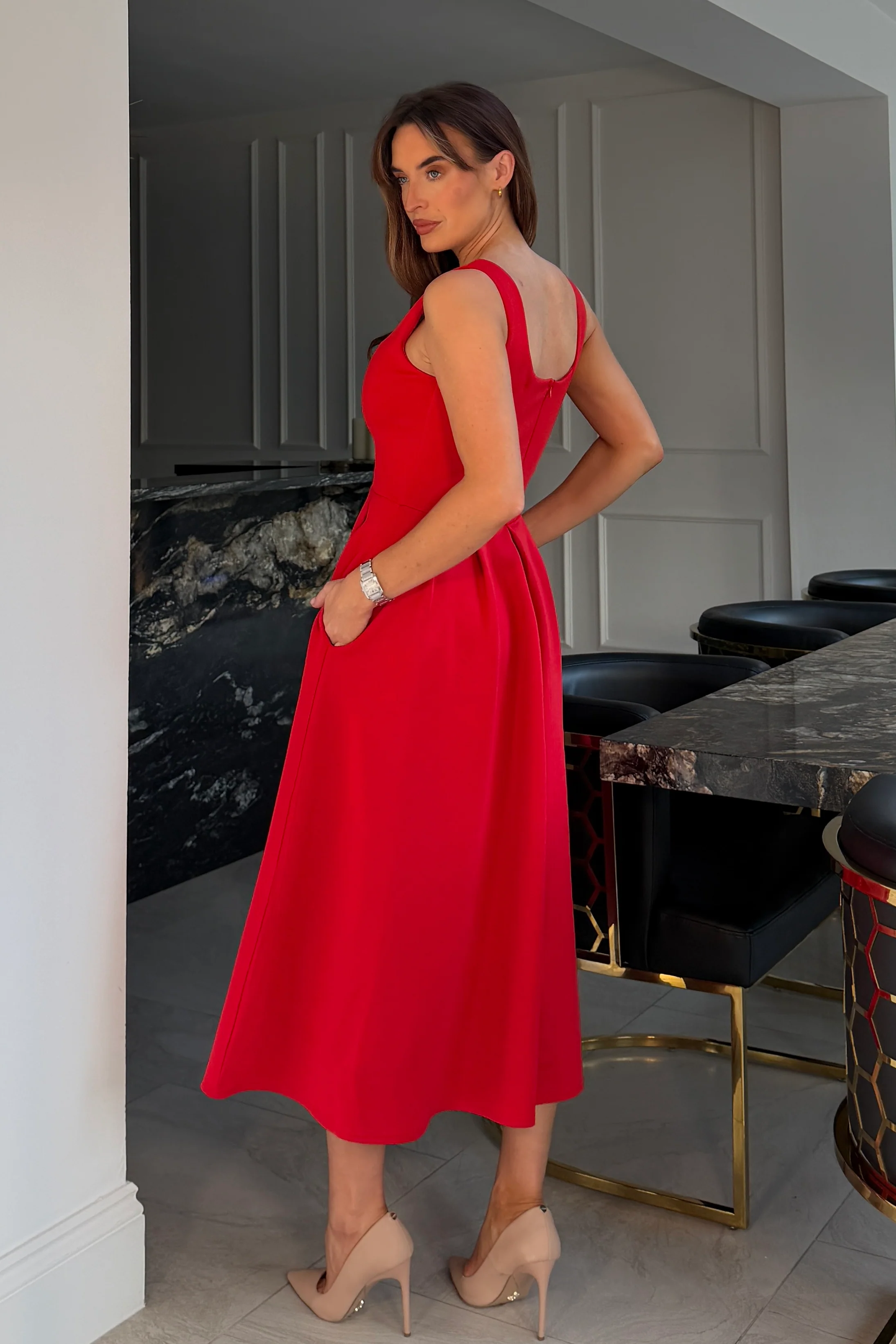 Erica Square Neck Pleated Midi Dress Red - Image 6