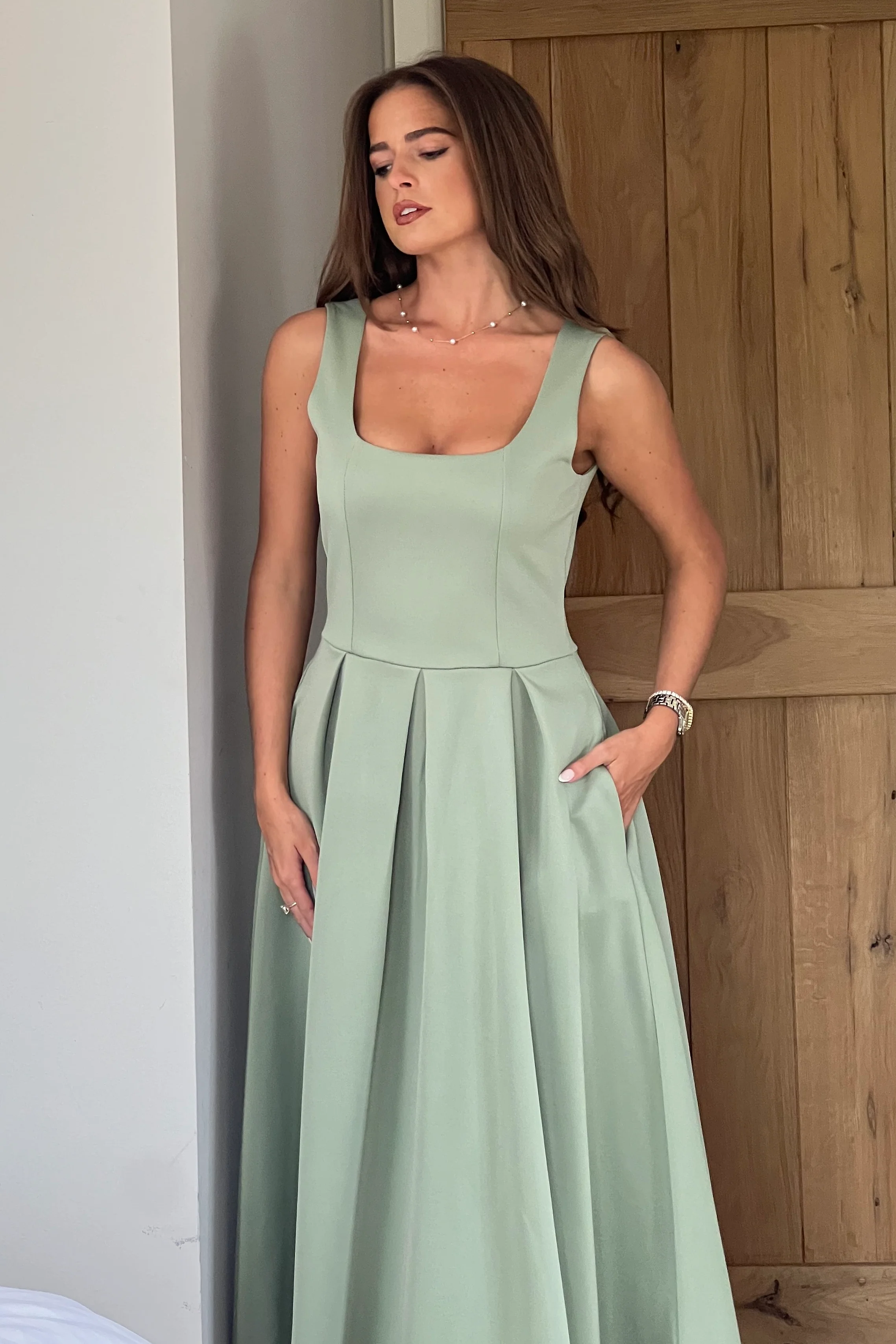 Erica Square Neck Pleated Midi Dress Sage - Image 2