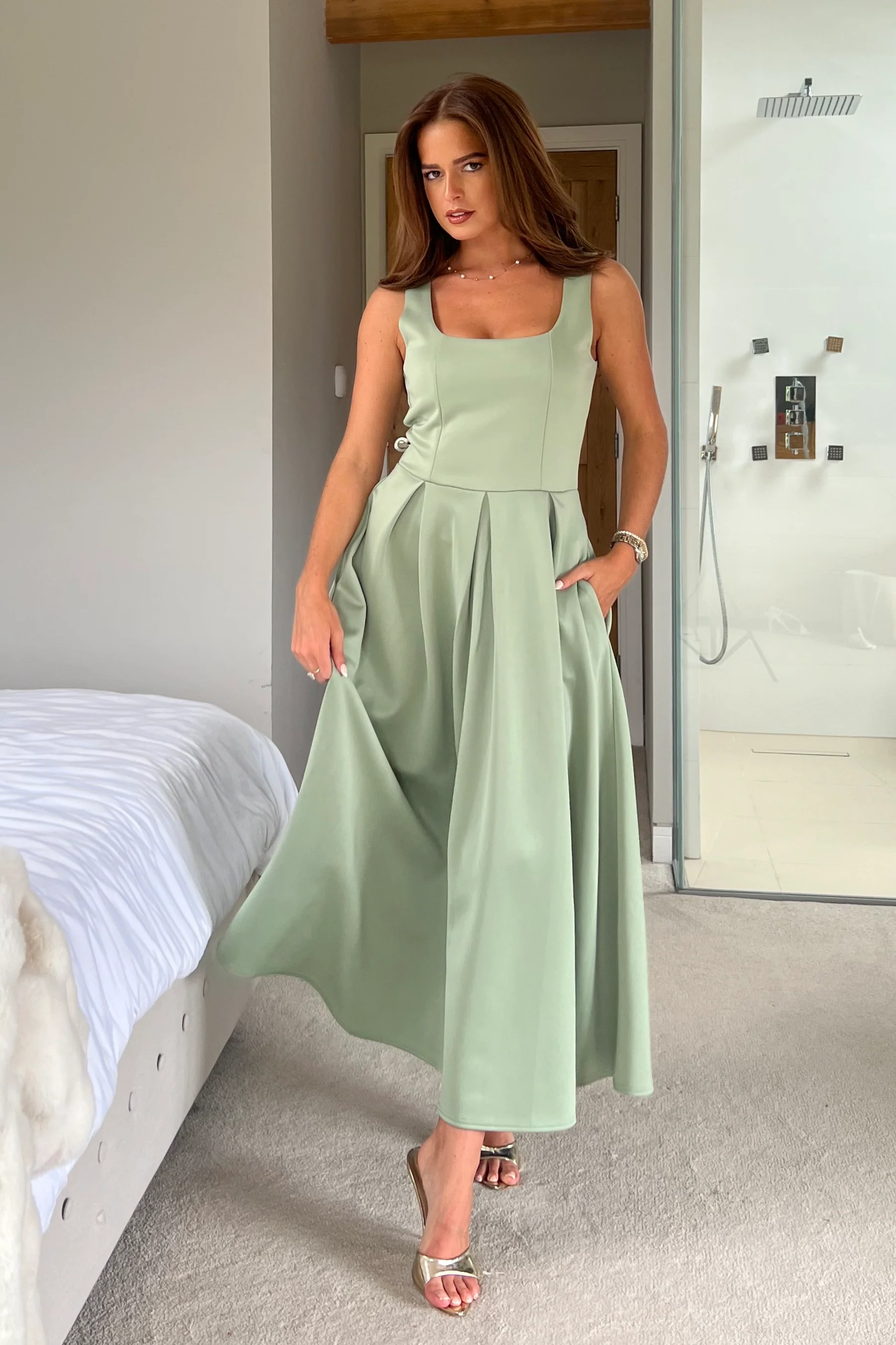 Erica Square Neck Pleated Midi Dress Sage - Image 3