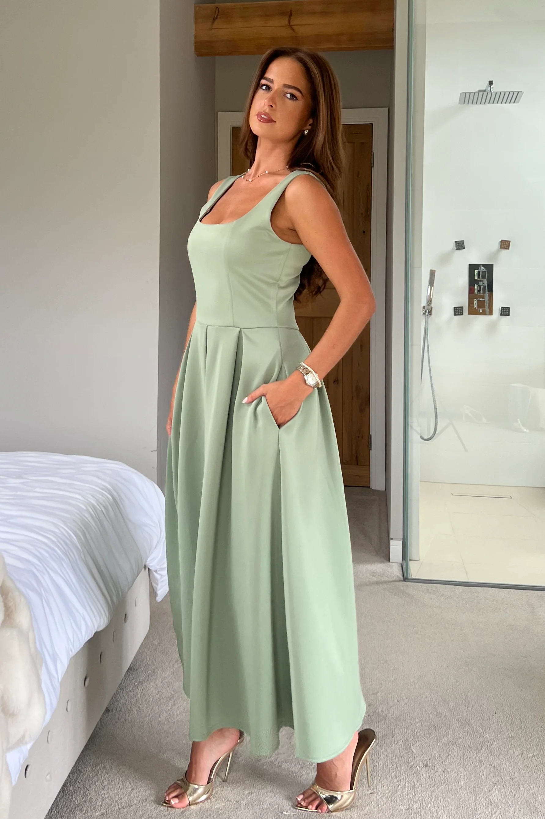 Erica Square Neck Pleated Midi Dress Sage - Image 5