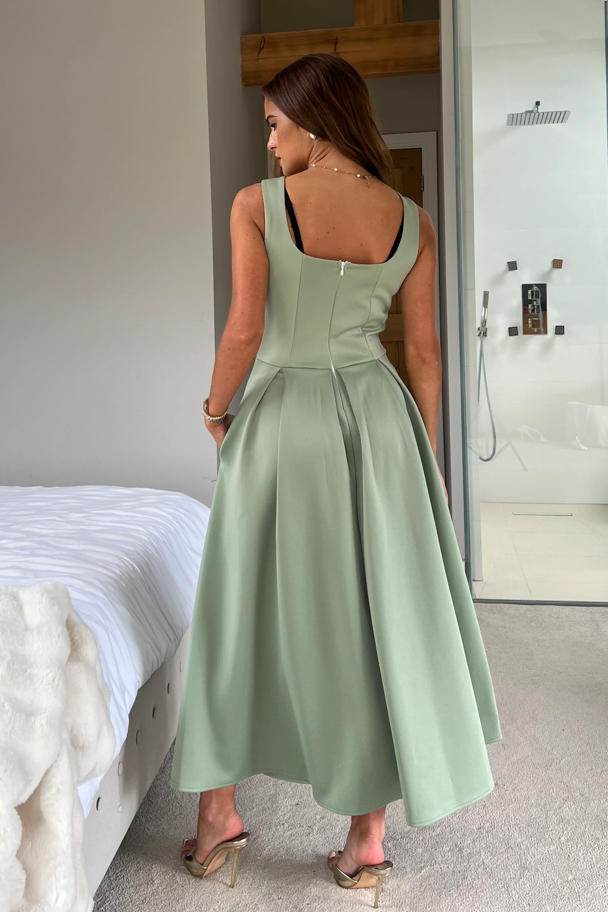 Erica Square Neck Pleated Midi Dress Sage - Image 6