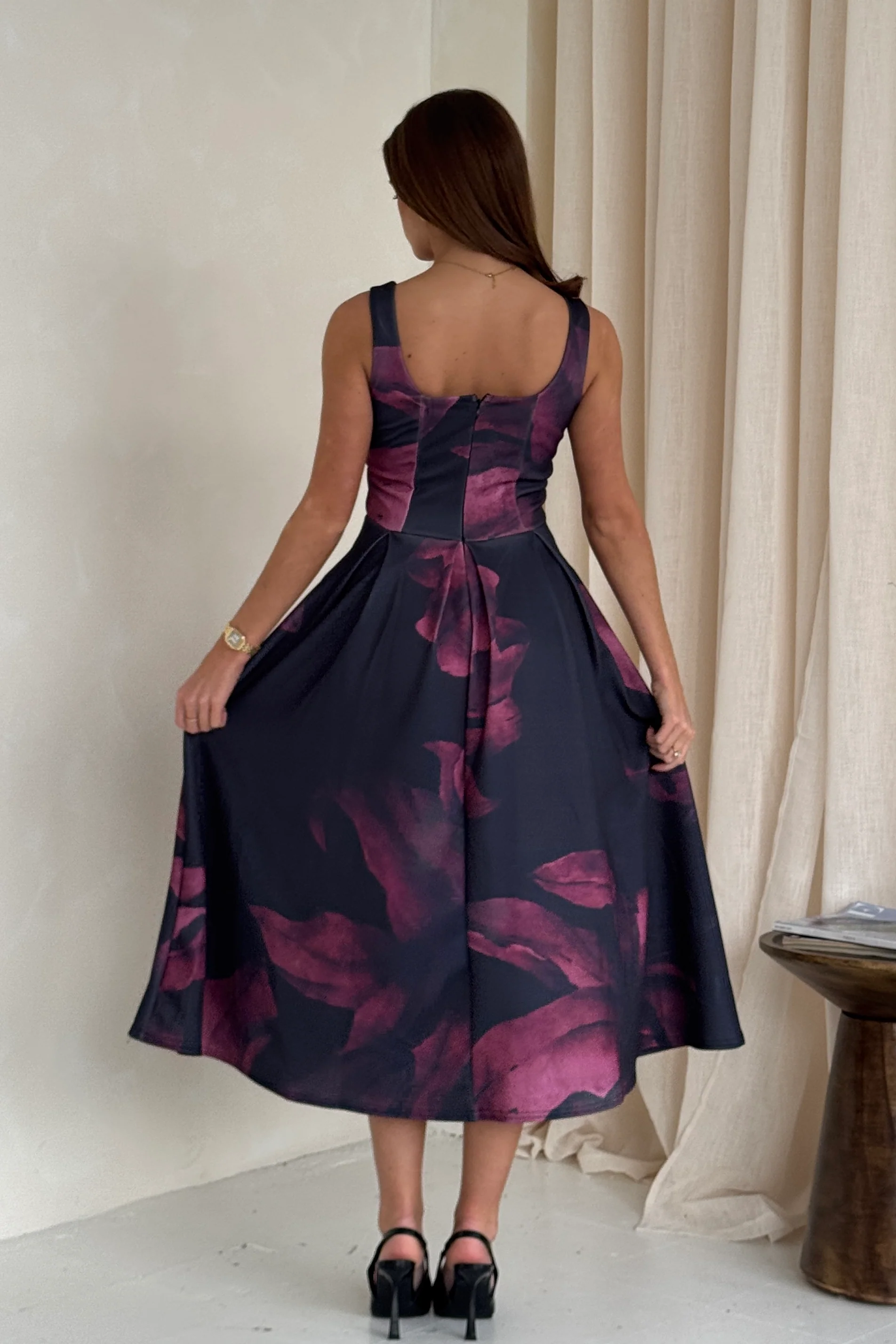 Erica Square Neck Pleated Midi Dress Wine Floral - Image 6