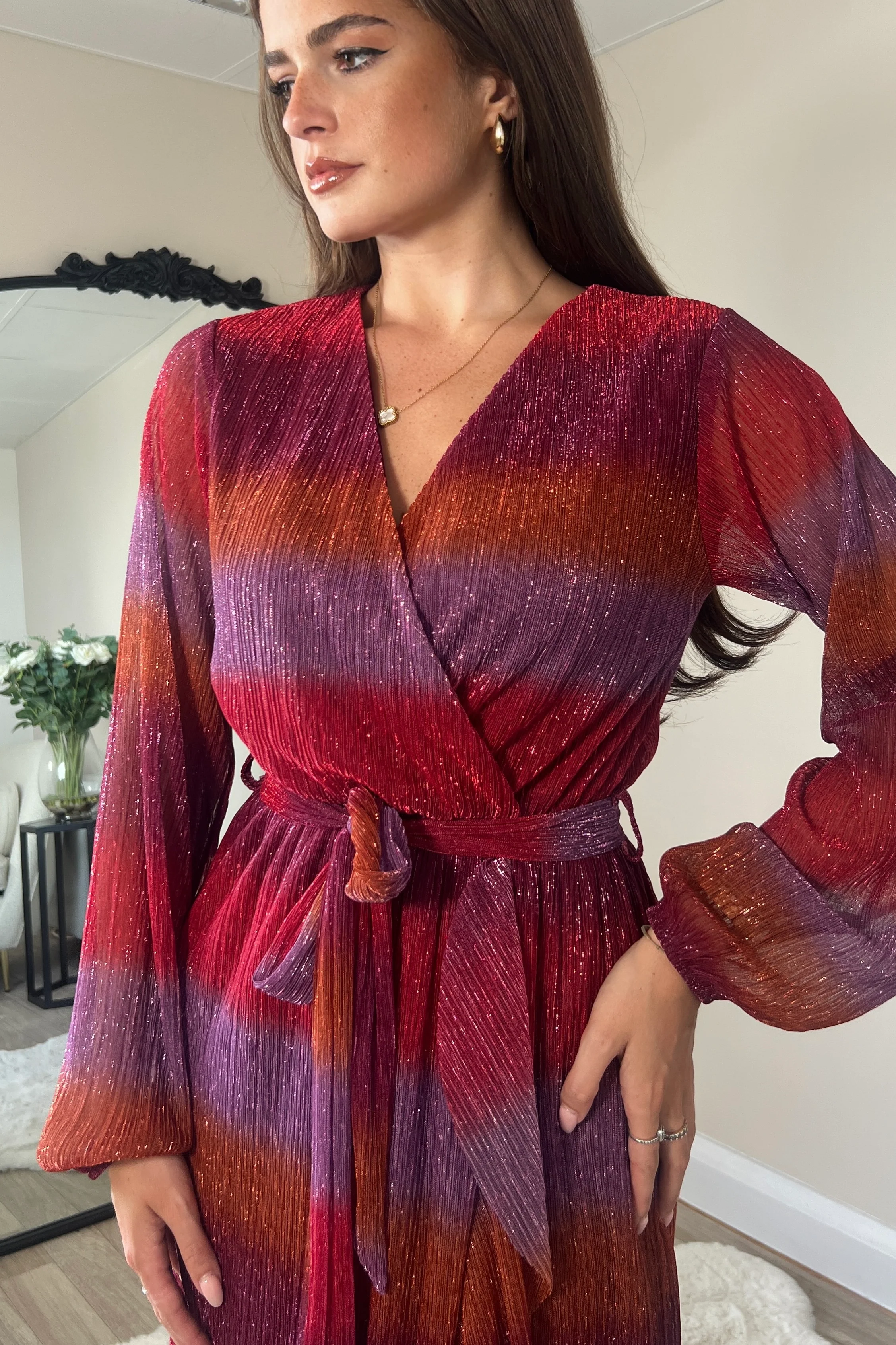 Erin Multi Shimmer Split Hem Frill Detail Maxi Dress - Image 2