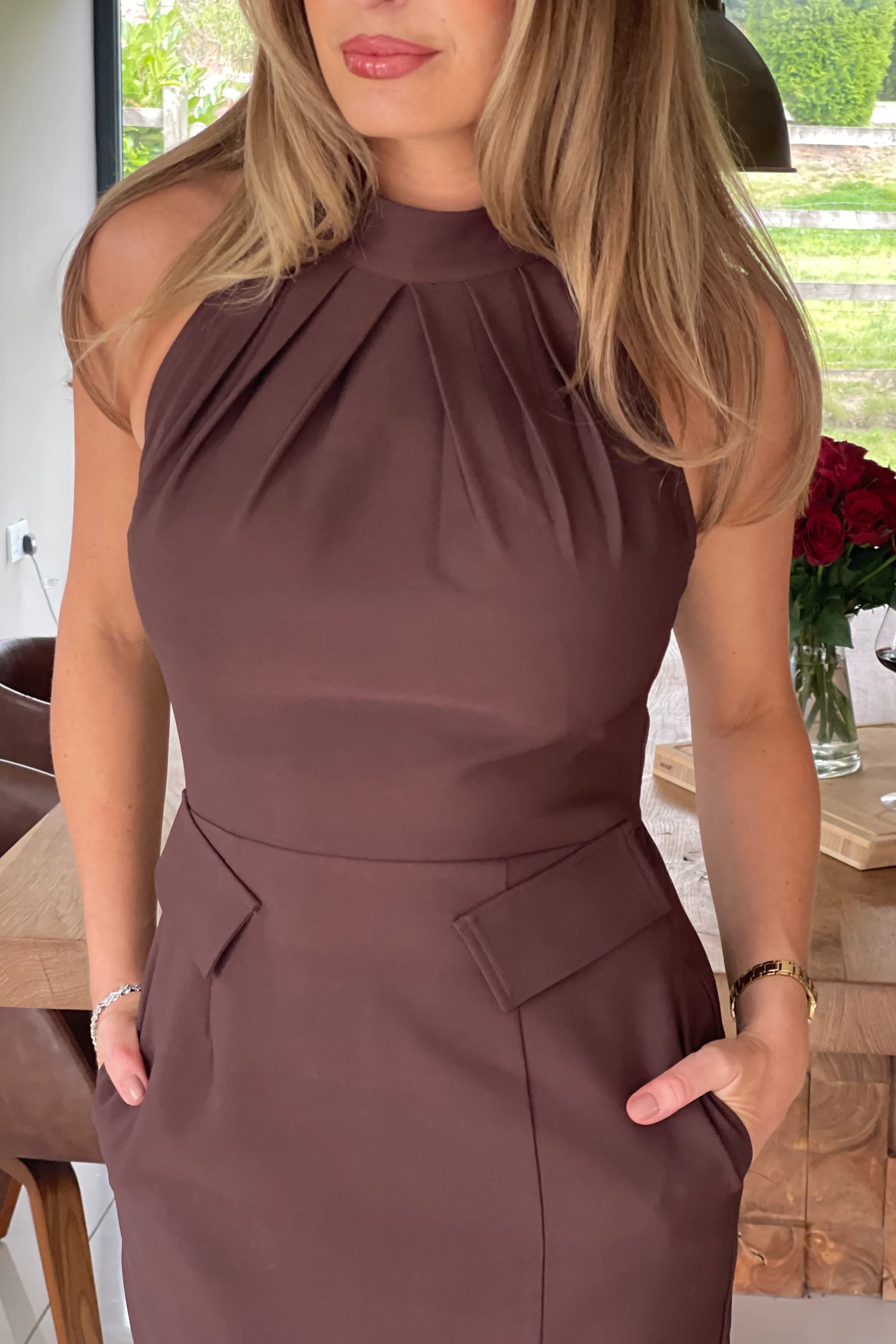 Eris Pocket Detail High Neck Midi Dress Brown - Image 2