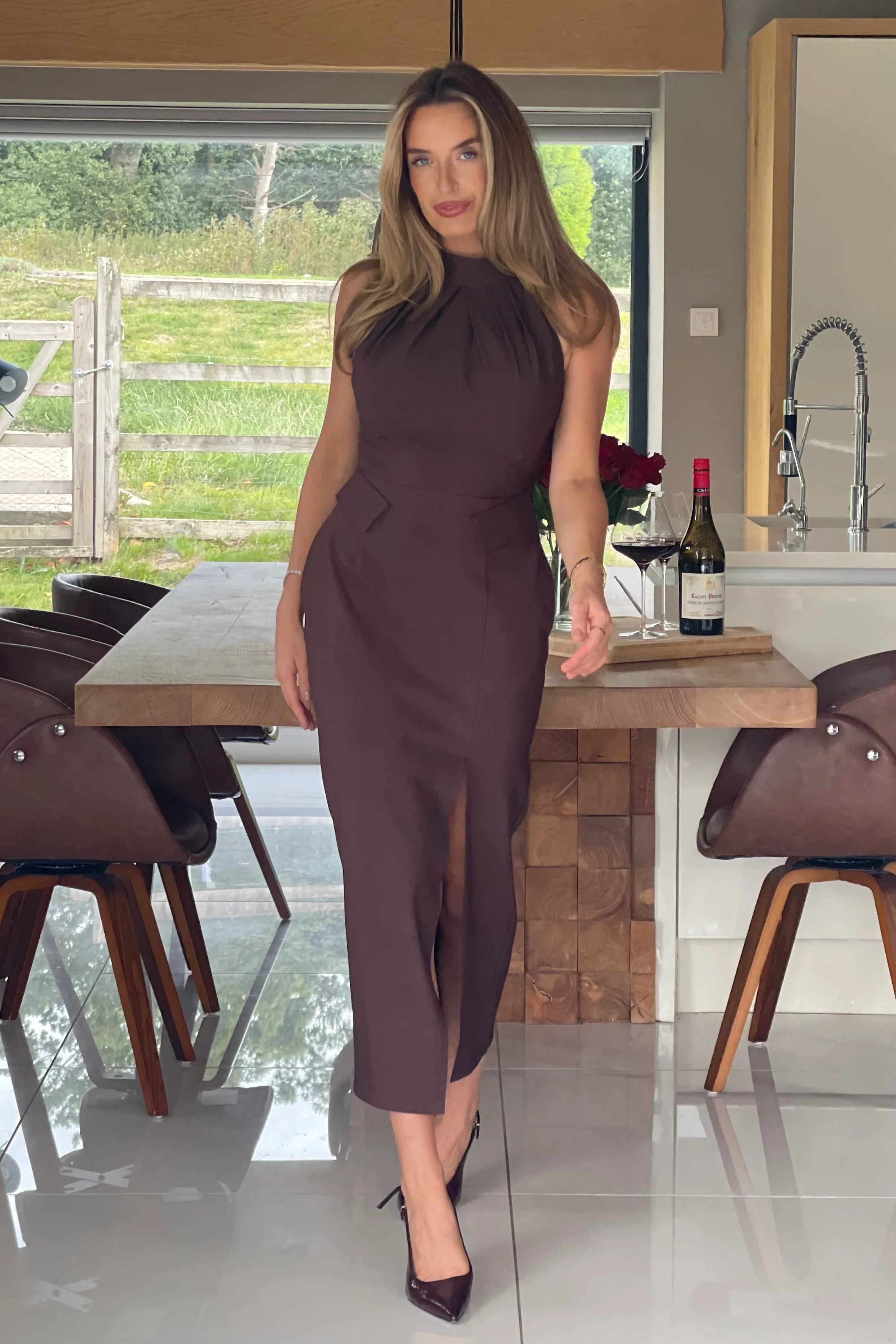 Eris Pocket Detail High Neck Midi Dress Brown - Image 4